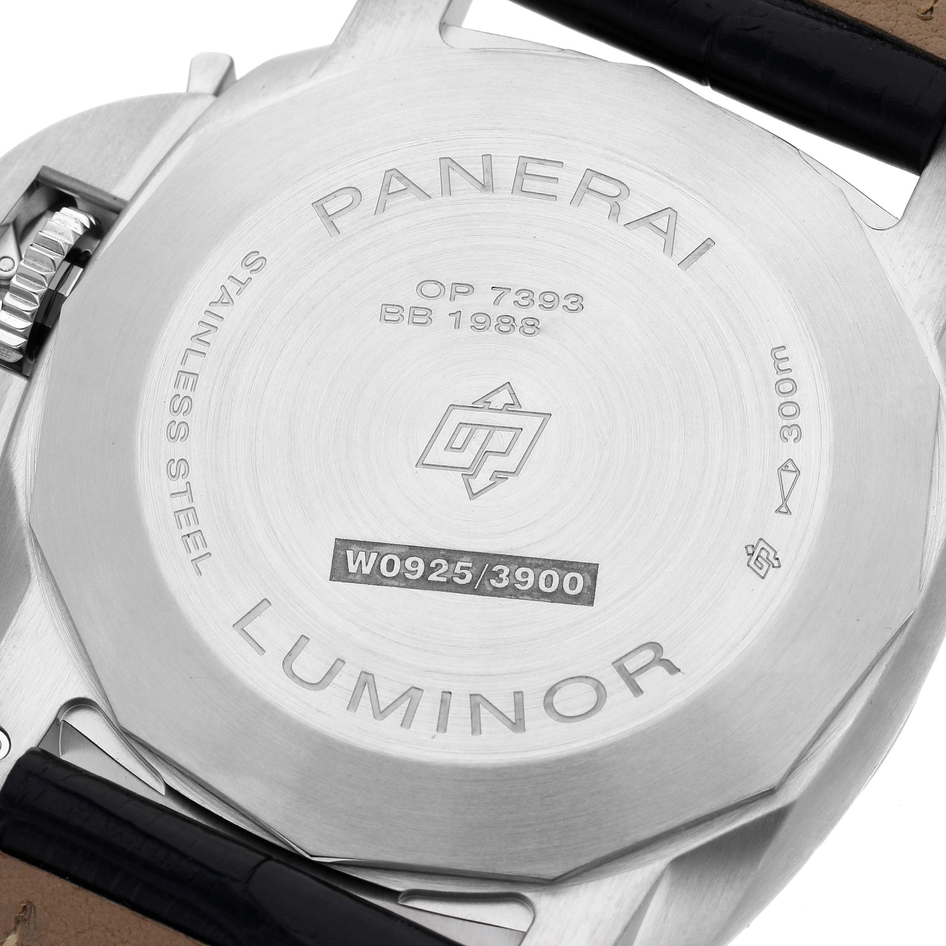 The image shows the back of a Panerai Luminor PAM01313 Men
s Stainless Steel Blue Dial PAM01313 Men
s Stainless Steel Blue Dial watch, highlighting its stainless steel case and inscriptions.