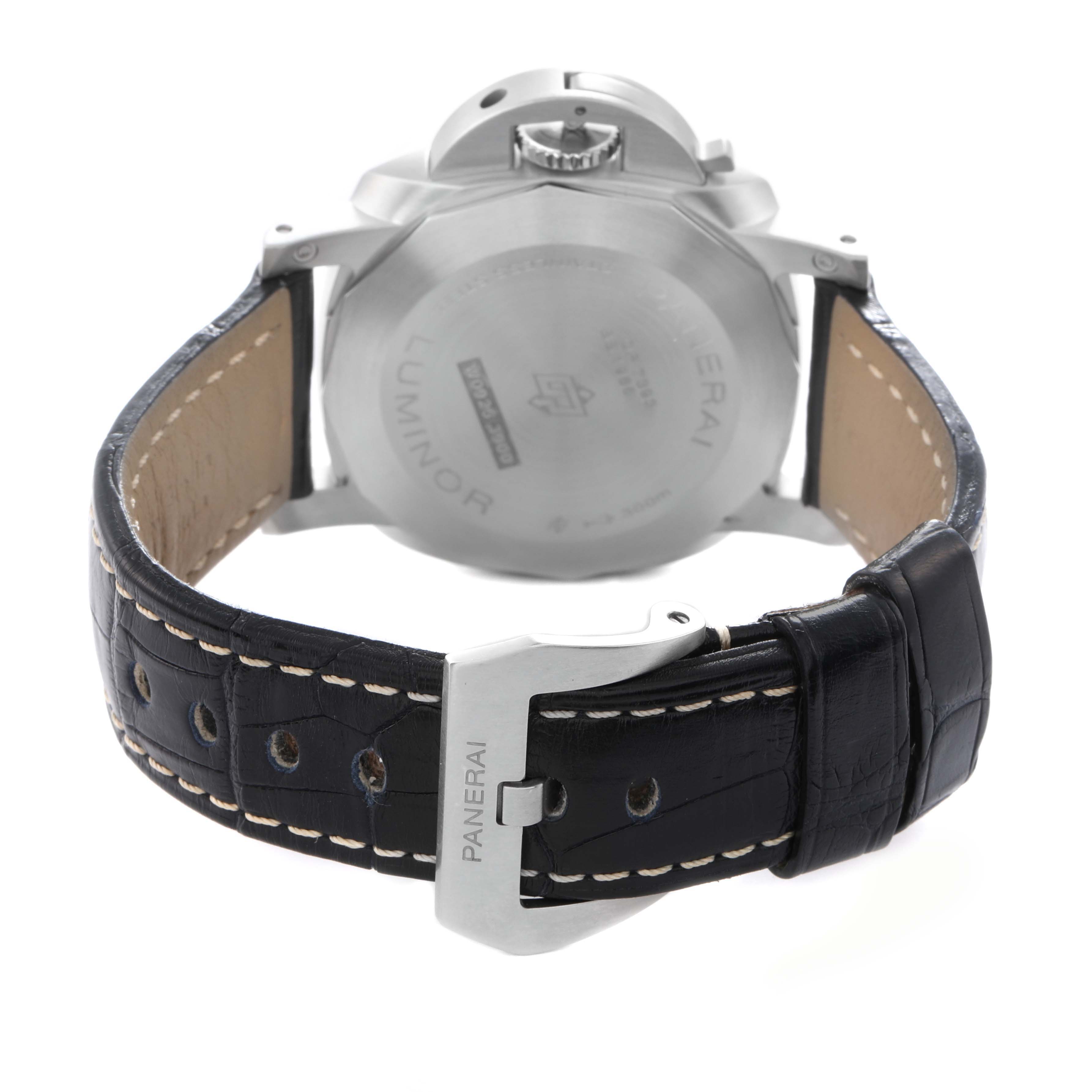 The image shows the back view of a Panerai Luminor PAM01313 Men
s Stainless Steel Blue Dial PAM01313 Men
s Stainless Steel Blue Dial watch, highlighting the case back, lugs, and leather strap with the Panerai buckle.