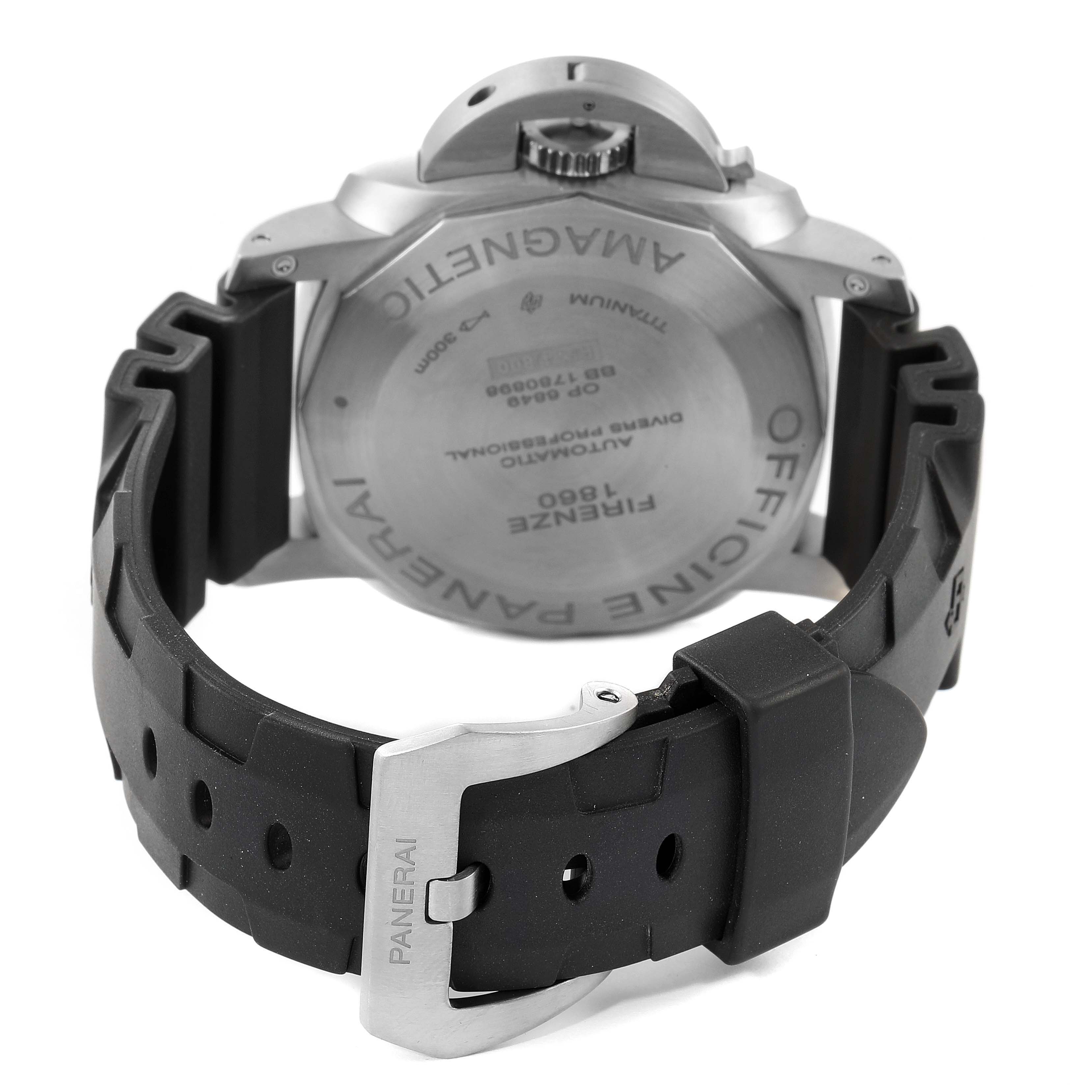 The image shows the back case and buckle of a Panerai Submersible PAM00389 Men's Titanium Black Dial PAM00389 Men's Titanium Black Dial watch.