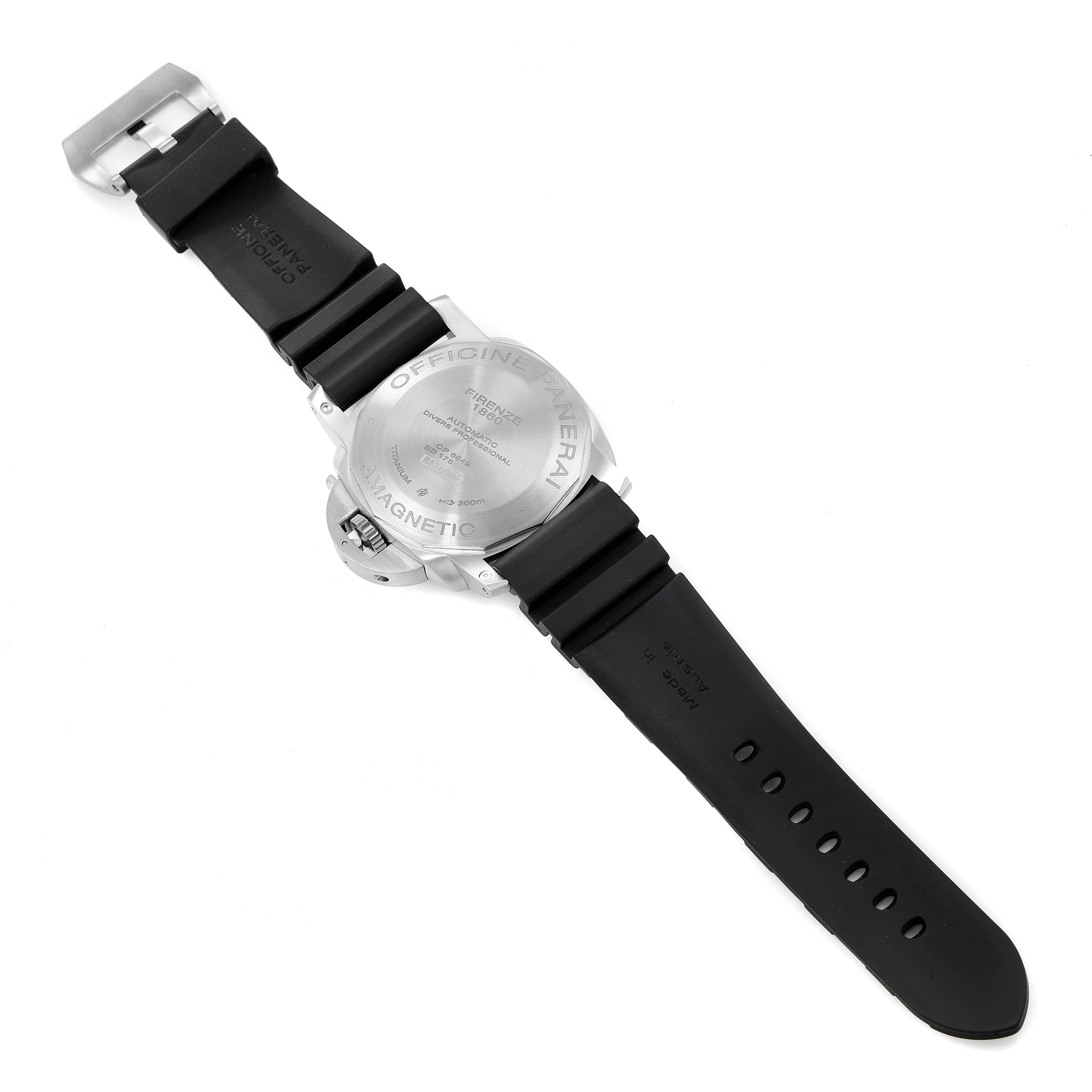 The image shows the back of a Panerai Submersible PAM00389 Men's Titanium Black Dial PAM00389 Men's Titanium Black Dial watch, focusing on its case back and rubber strap.