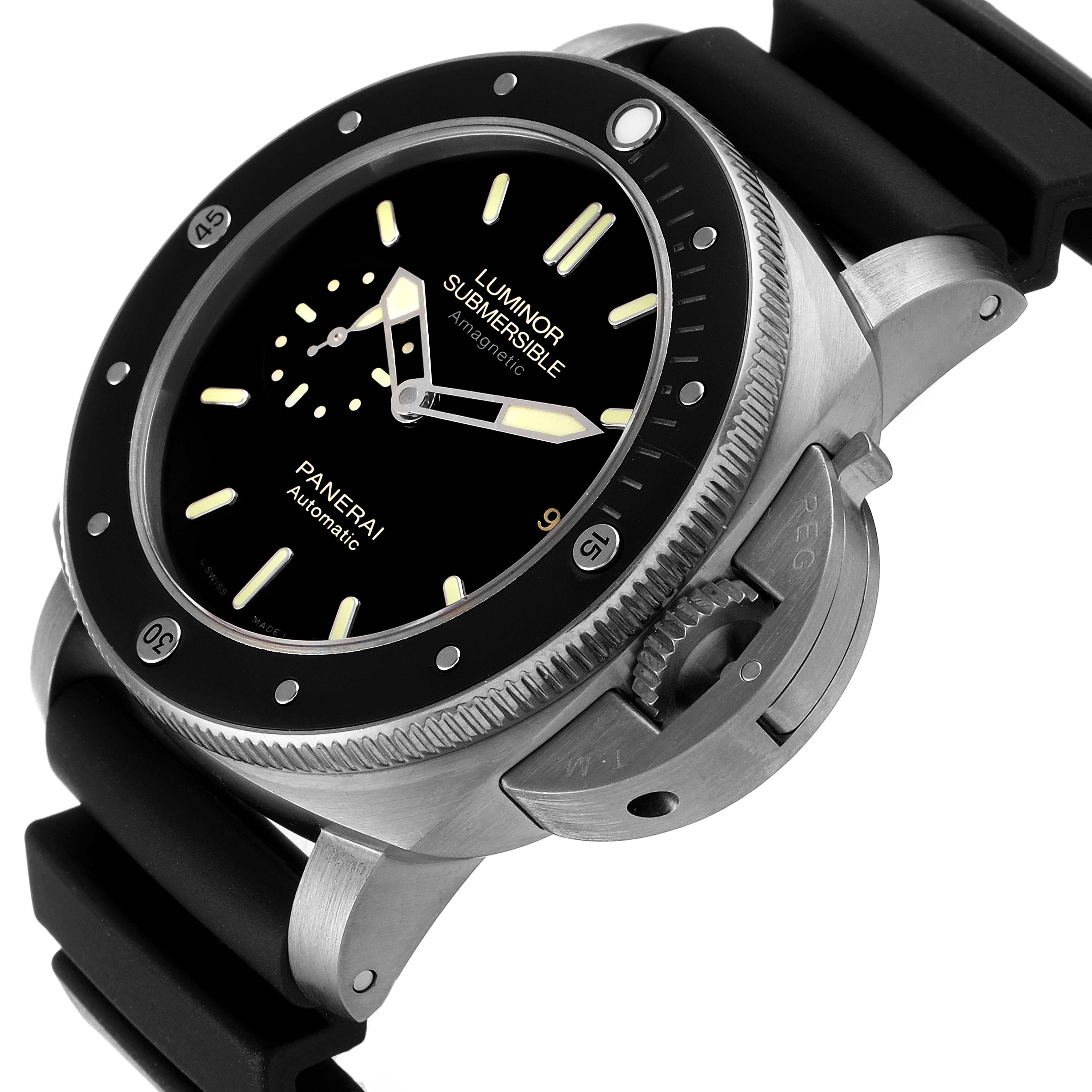 This image shows a close-up angle of the Panerai Submersible PAM00389 Men's Titanium Black Dial PAM00389 Men's Titanium Black Dial watch, featuring its dial, bezel, crown guard, and strap.