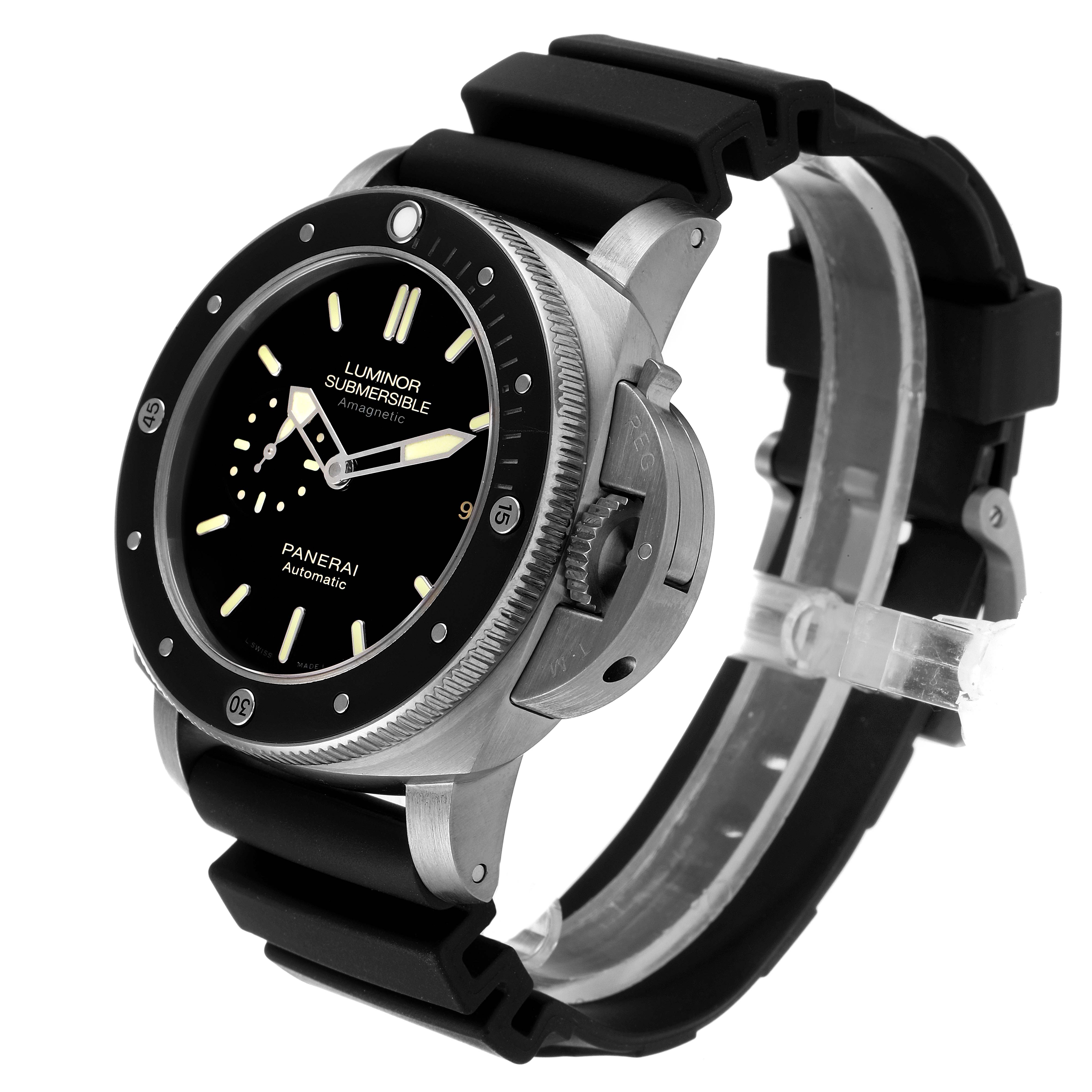 This image shows a Panerai Luminor Submersible watch at a three-quarter angle, displaying its dial, bezel, and strap.