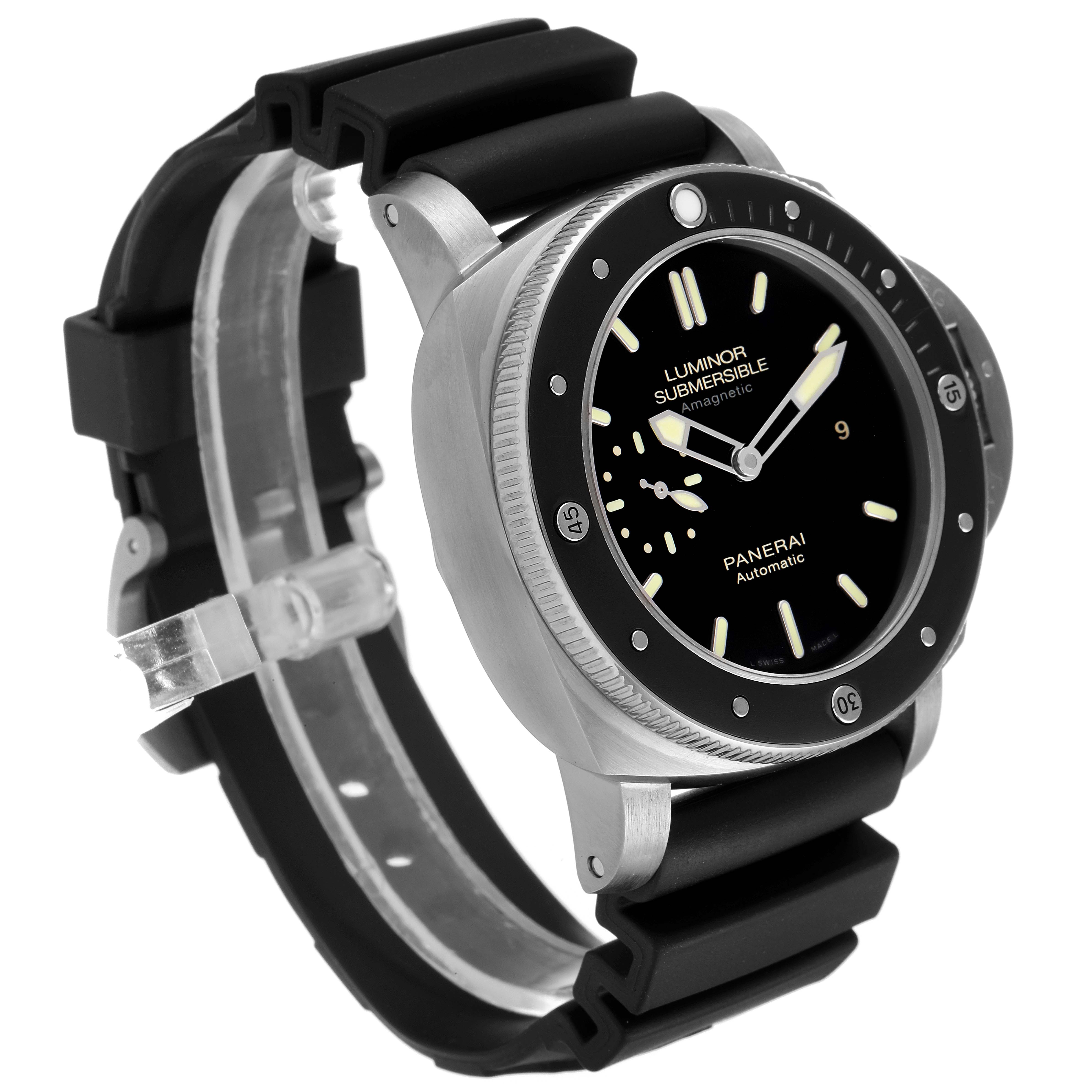 The Panerai Submersible PAM00389 Men's Titanium Black Dial PAM00389 Men's Titanium Black Dial watch is shown at a three-quarter angle, highlighting the dial, bezel, and strap.
