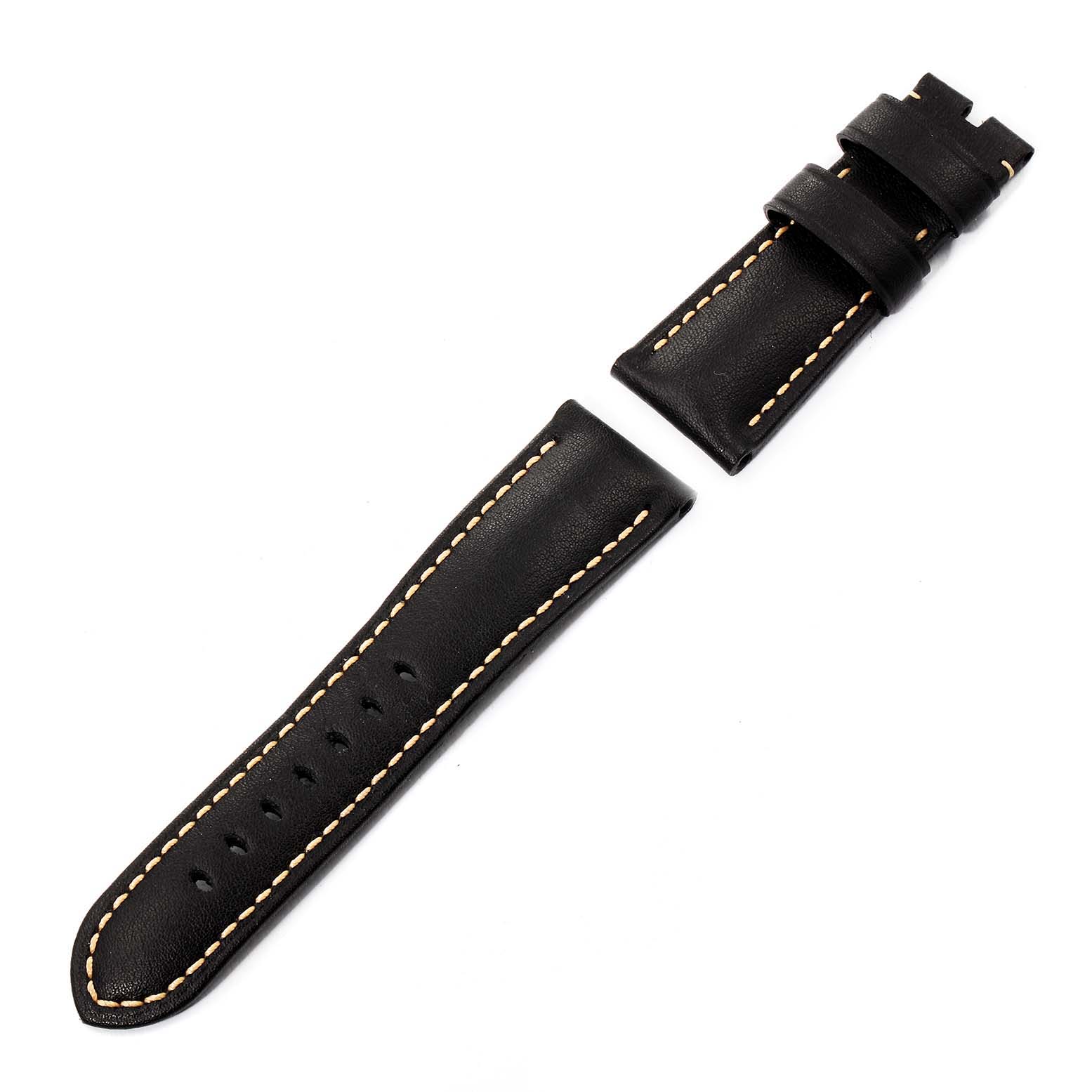 This image shows a detached black leather strap for a Panerai Submersible PAM00389 Men's Titanium Black Dial PAM00389 Men's Titanium Black Dial watch, featuring light stitching.