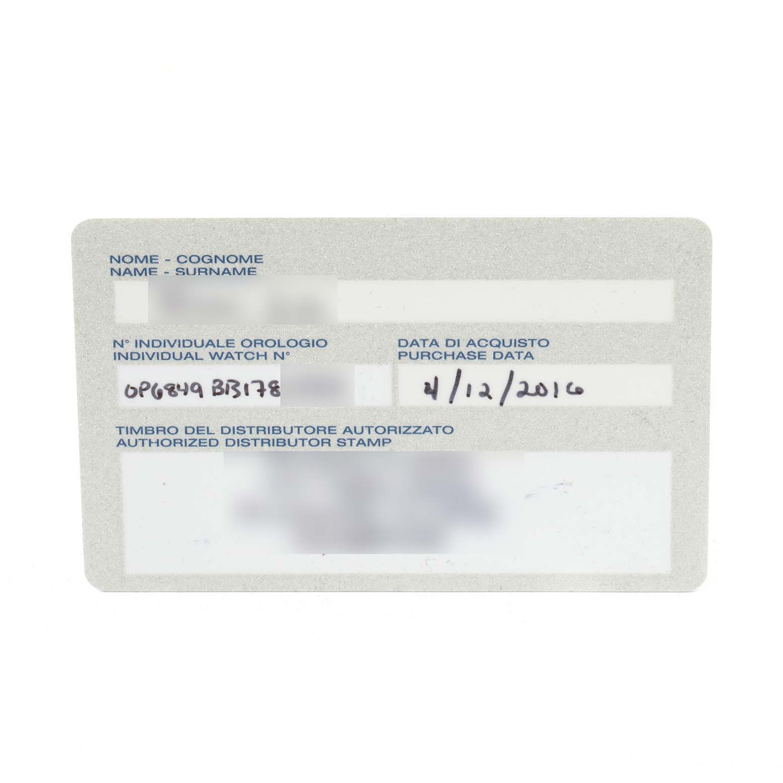 The image shows a warranty card for a Panerai Submersible PAM00389 Men's Titanium Black Dial PAM00389 Men's Titanium Black Dial watch, displaying the individual watch number and purchase date.