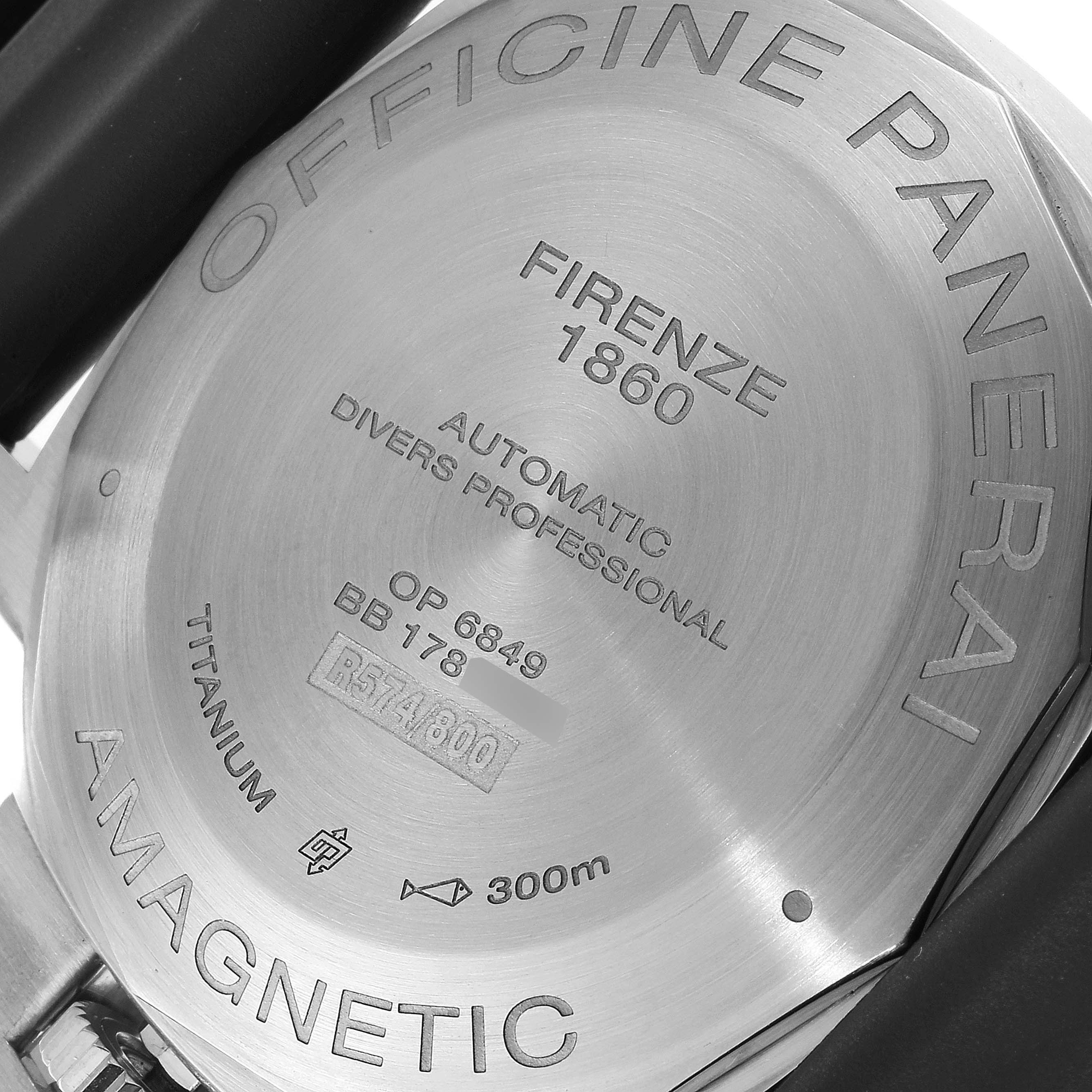 The image shows the back case of a Panerai Submersible PAM00389 Men's Titanium Black Dial PAM00389 Men's Titanium Black Dial watch, highlighting engravings such as "OFFICINE PANERAI" and specifications.