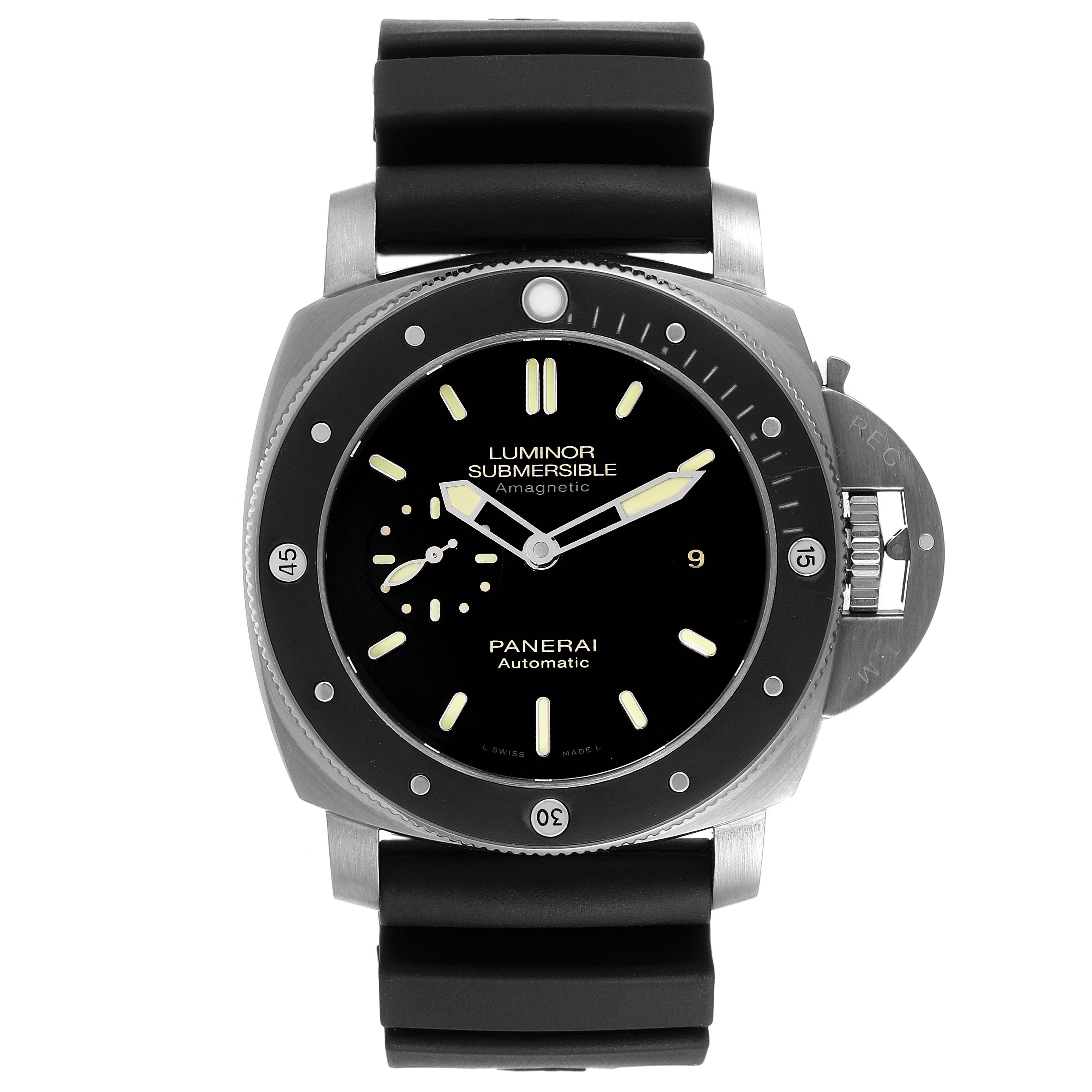 This is a front view of a Panerai Luminor Submersible model, showing the dial, bezel, hands, and rubber strap.