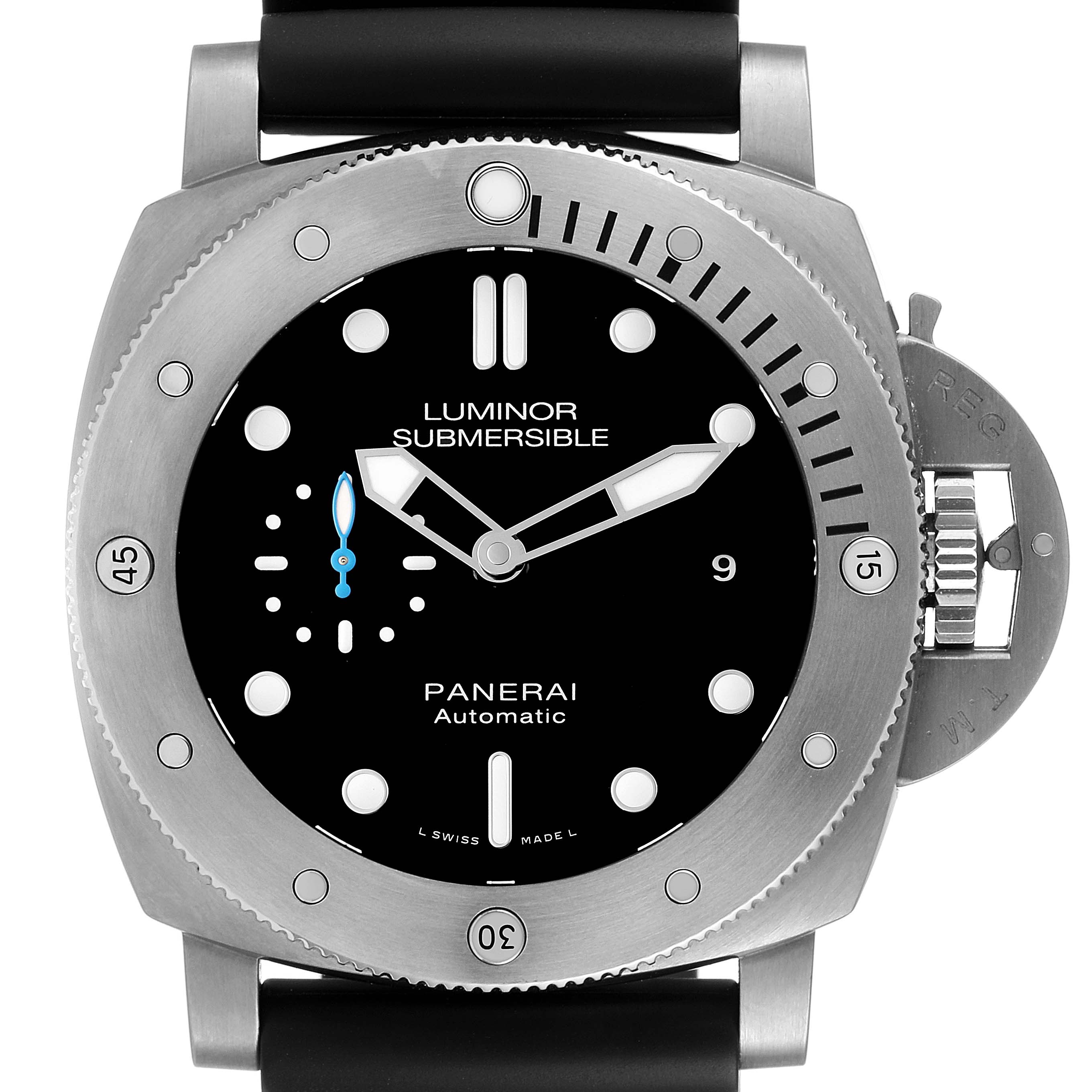 This image shows a front-facing view of the Panerai Luminor Submersible watch, highlighting its dial, bezel, and crown guard.