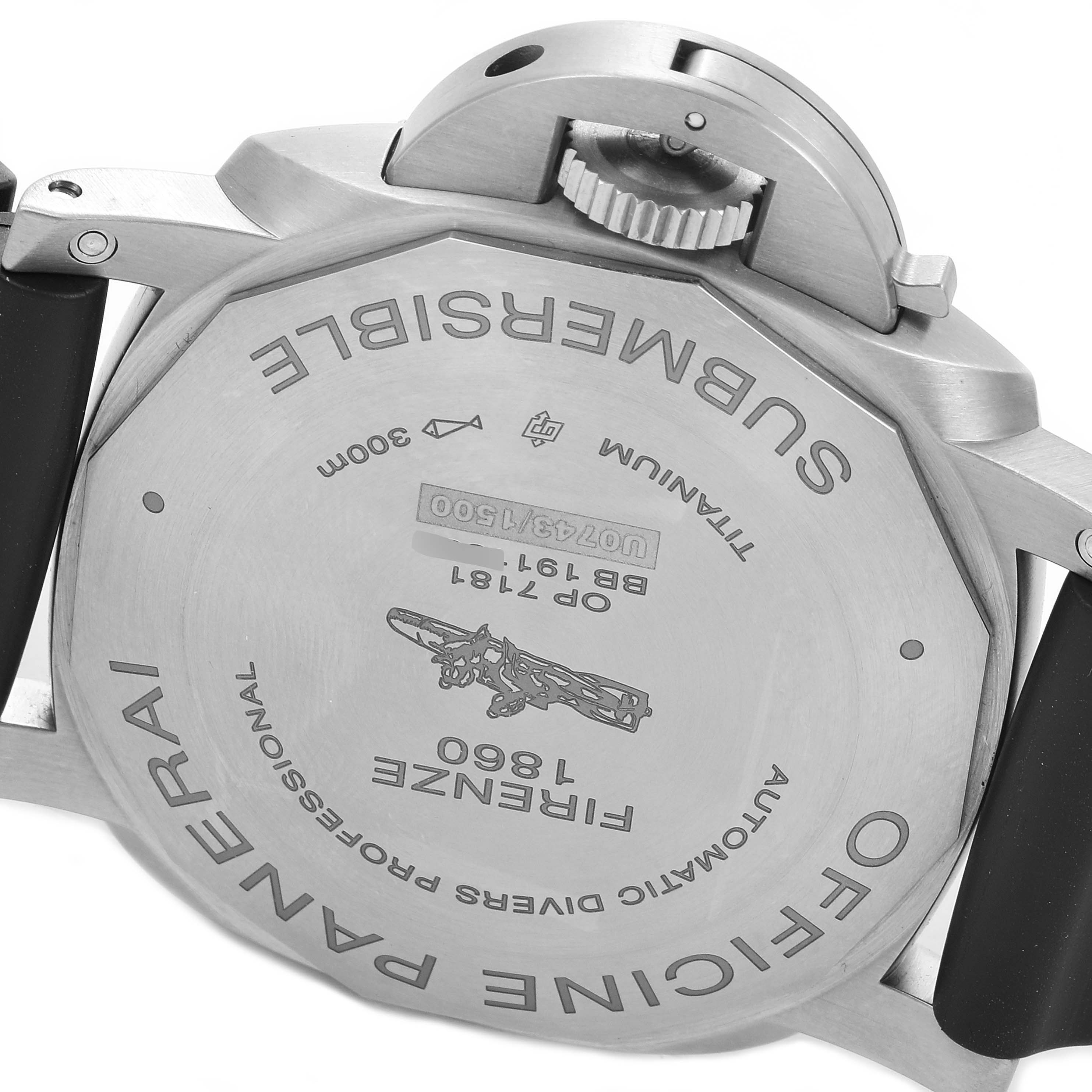 This image shows the case back and crown guard of a Panerai Submersible PAM01305 Men
s Titanium Black Dial PAM01305 Men
s Titanium Black Dial watch from a rear angle.