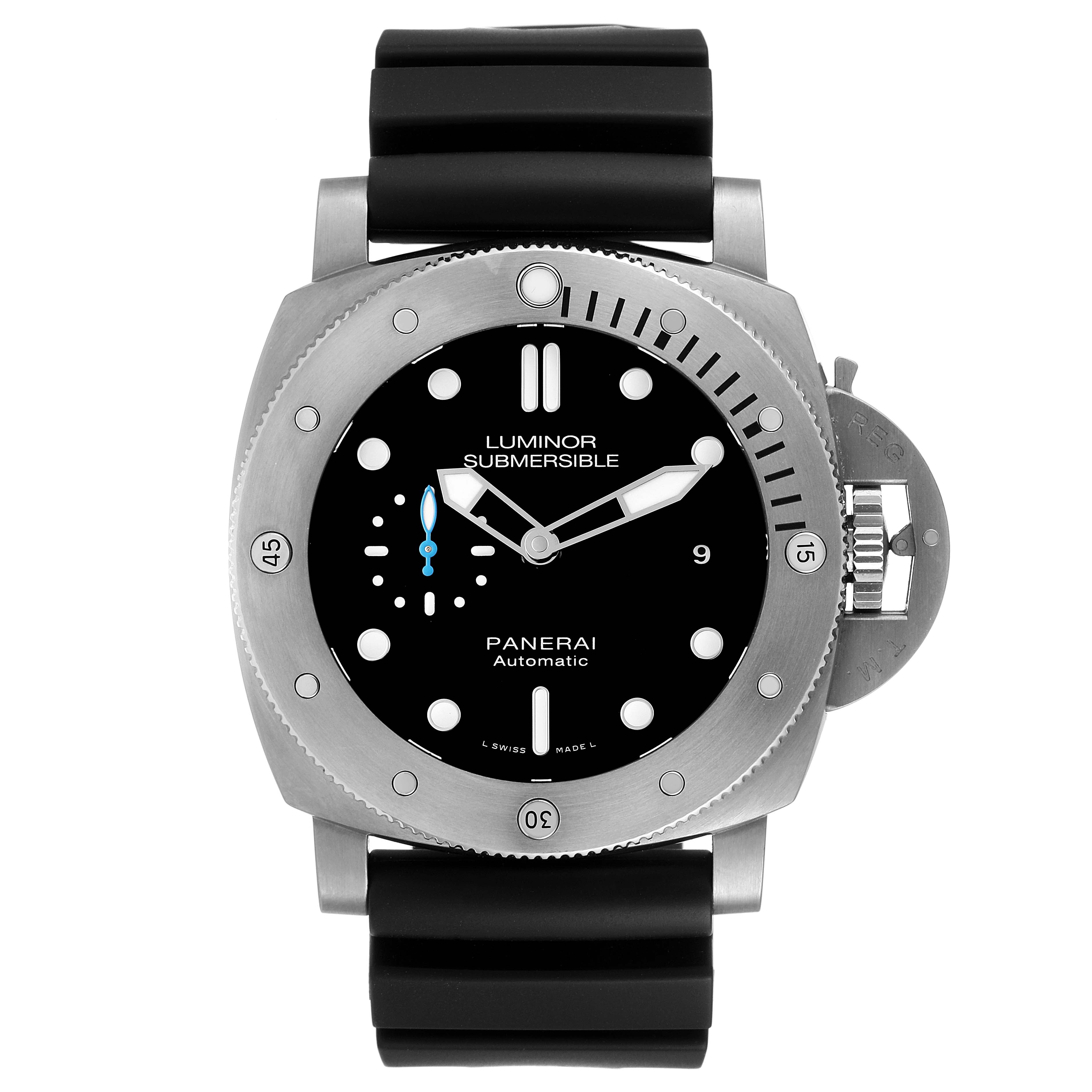 This image shows a front view of the Panerai Luminor Submersible watch, highlighting its face, bezel, crown guard, and strap.
