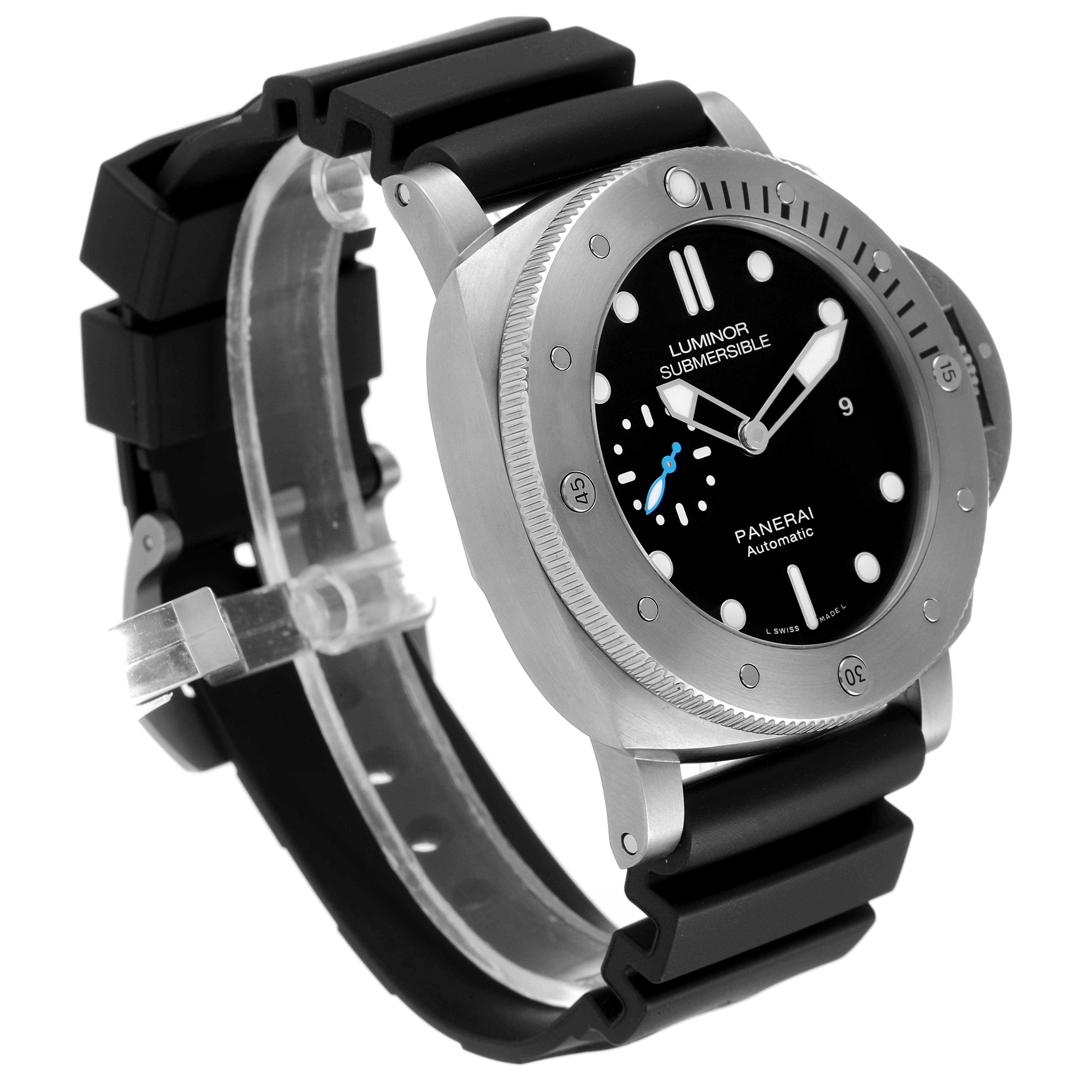 This image shows a Panerai Submersible PAM01305 Men
s Titanium Black Dial PAM01305 Men
s Titanium Black Dial watch at a three-quarter angle, featuring its bezel, dial, and rubber strap.