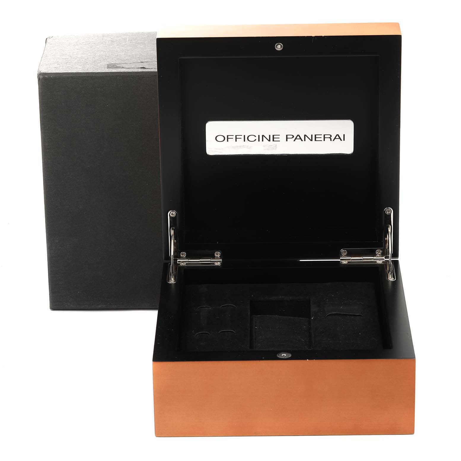 The image shows the open box for the Panerai Submersible PAM01305 Men
s Titanium Black Dial PAM01305 Men
s Titanium Black Dial watch.