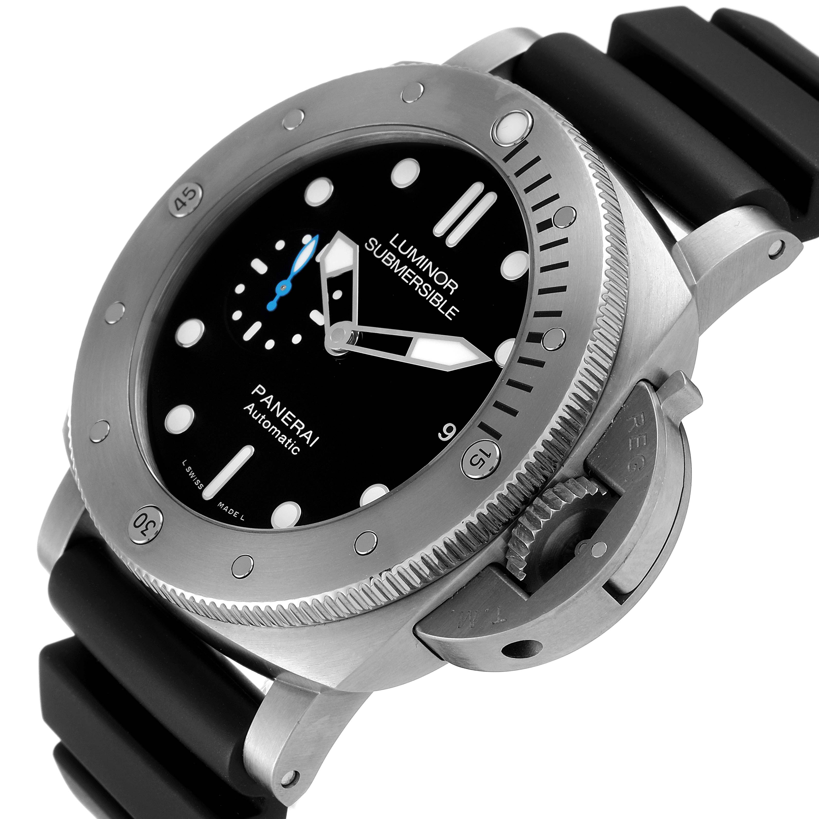 The image shows a Panerai Luminor Submersible watch from an oblique top right view, highlighting the dial, bezel, case, and strap.
