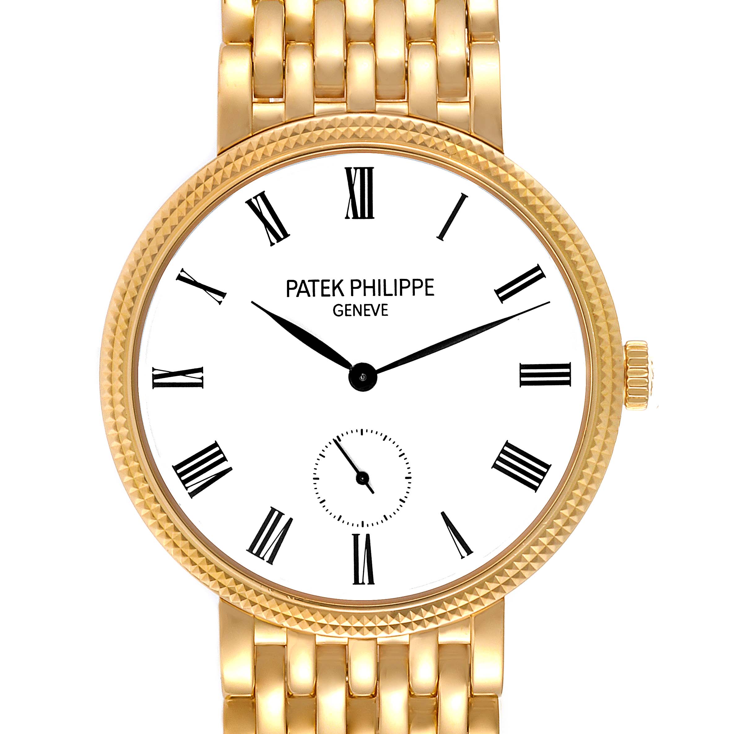 The image shows a front view of the Patek Philippe Calatrava 7119J Women's Yellow Gold White Dial 7119J Women's Yellow Gold White Dial watch, highlighting its bezel, face, Roman numerals, and part of the bracelet.