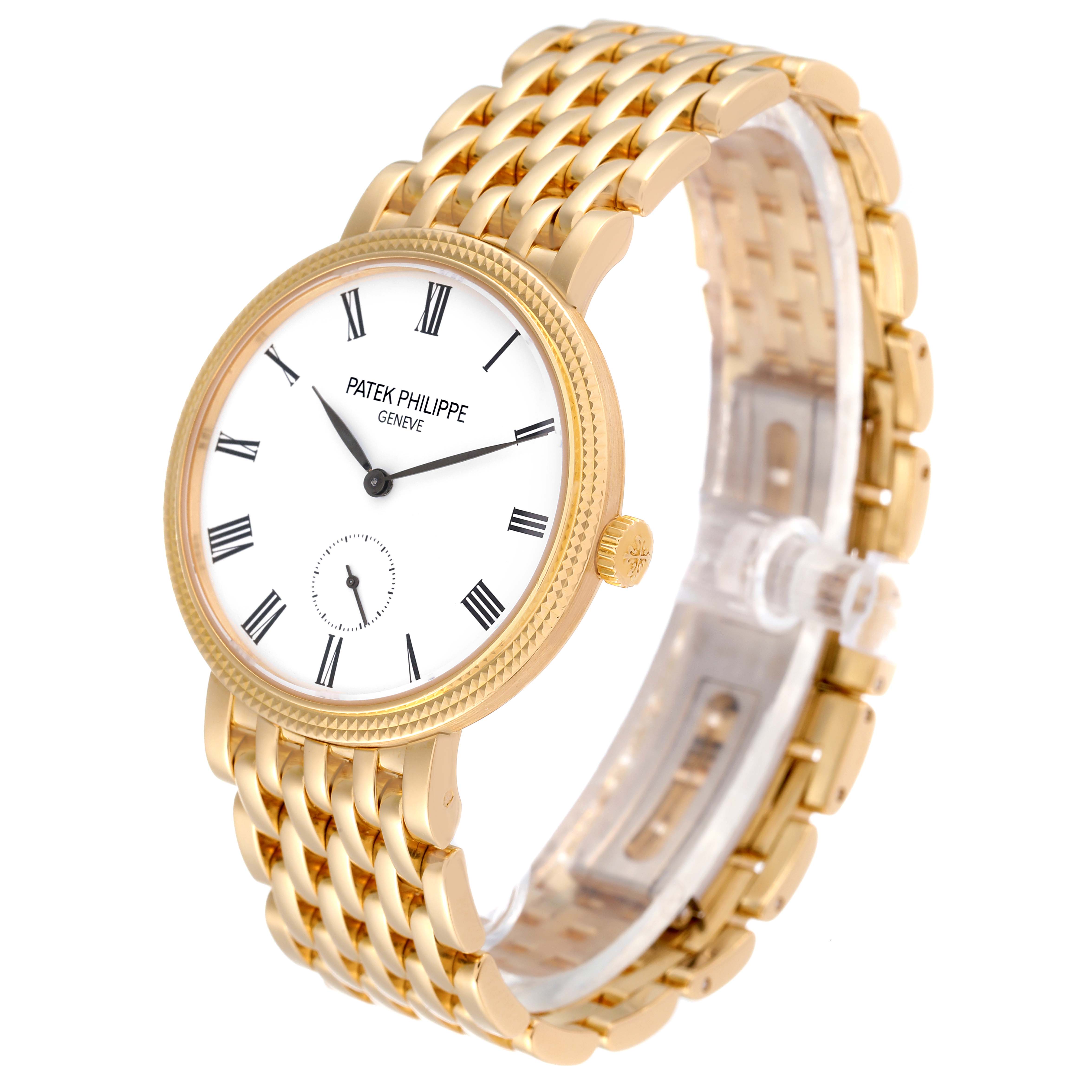 The image shows a frontal view of a Patek Philippe Calatrava 7119J Women's Yellow Gold White Dial 7119J Women's Yellow Gold White Dial watch, highlighting its gold case, bracelet, and white dial.