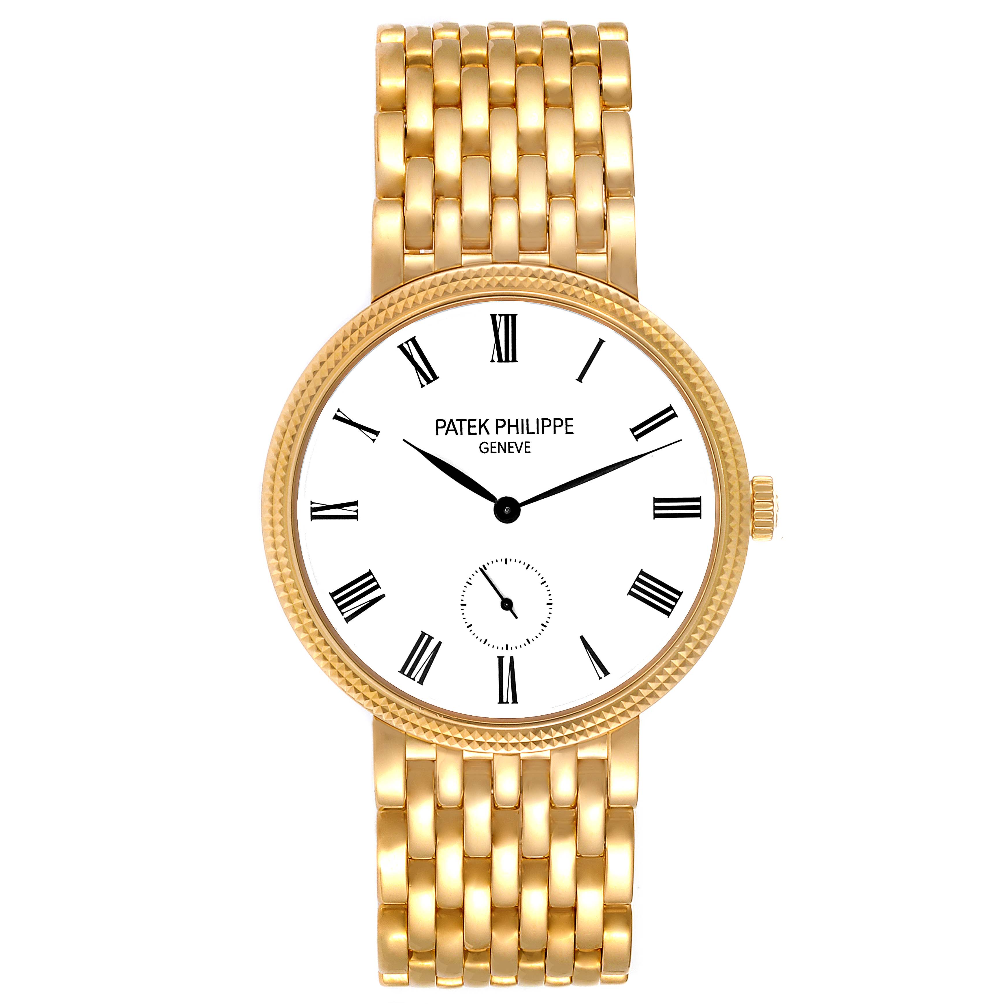 The image shows a front view of a Patek Philippe Calatrava 7119J Women's Yellow Gold White Dial 7119J Women's Yellow Gold White Dial watch with a gold bracelet and Roman numeral dial.