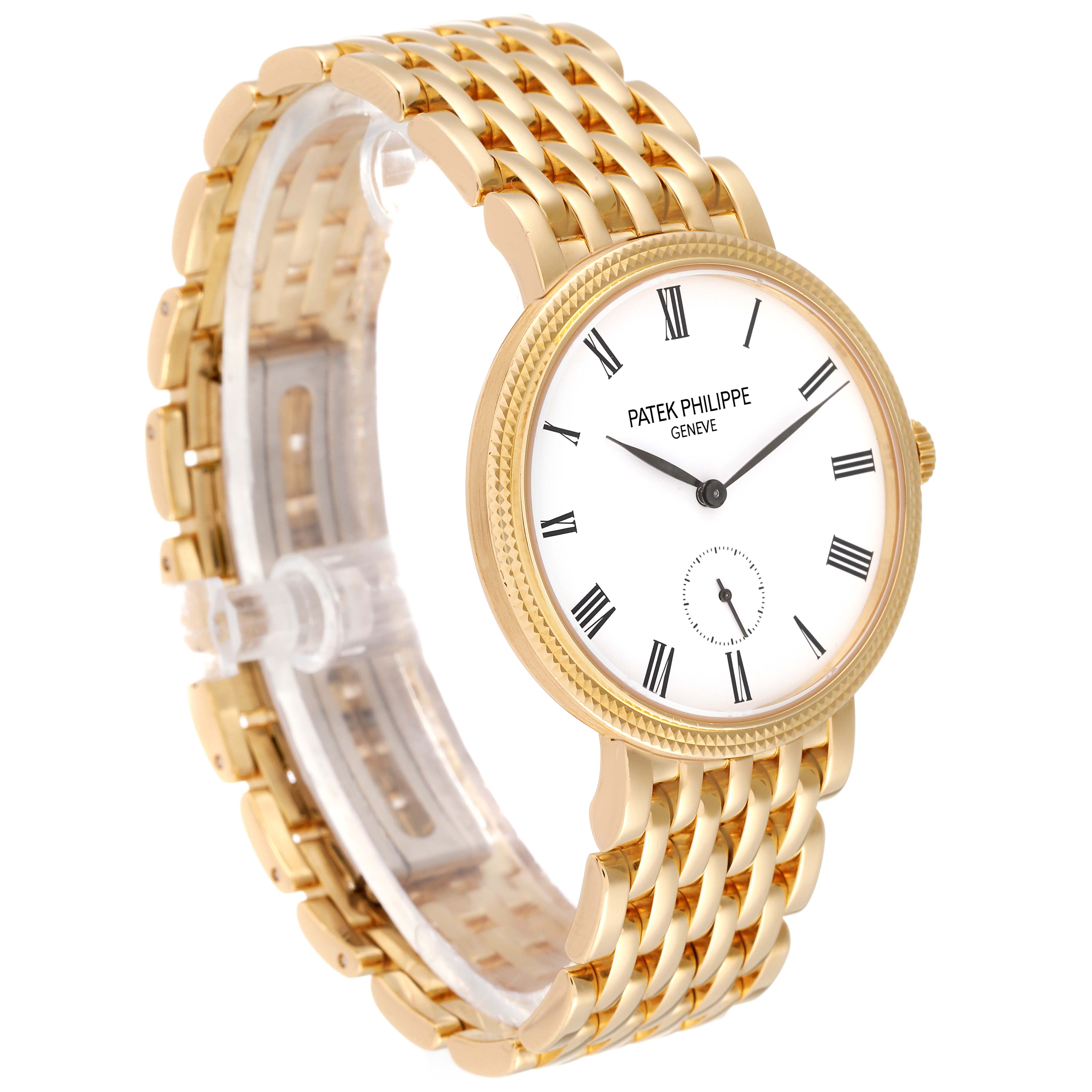 The image shows a Patek Philippe Calatrava 7119J Women's Yellow Gold White Dial 7119J Women's Yellow Gold White Dial watch at a three-quarter angle, highlighting its gold bracelet and white dial.