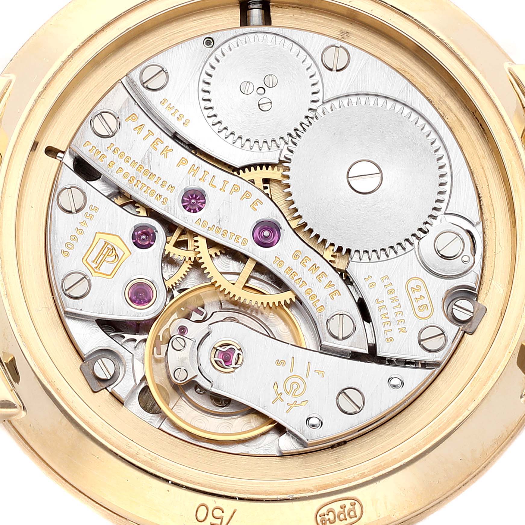 The image shows the back angle of the Patek Philippe Calatrava 7119J Women's Yellow Gold White Dial 7119J Women's Yellow Gold White Dial watch, showcasing its intricate movement components.