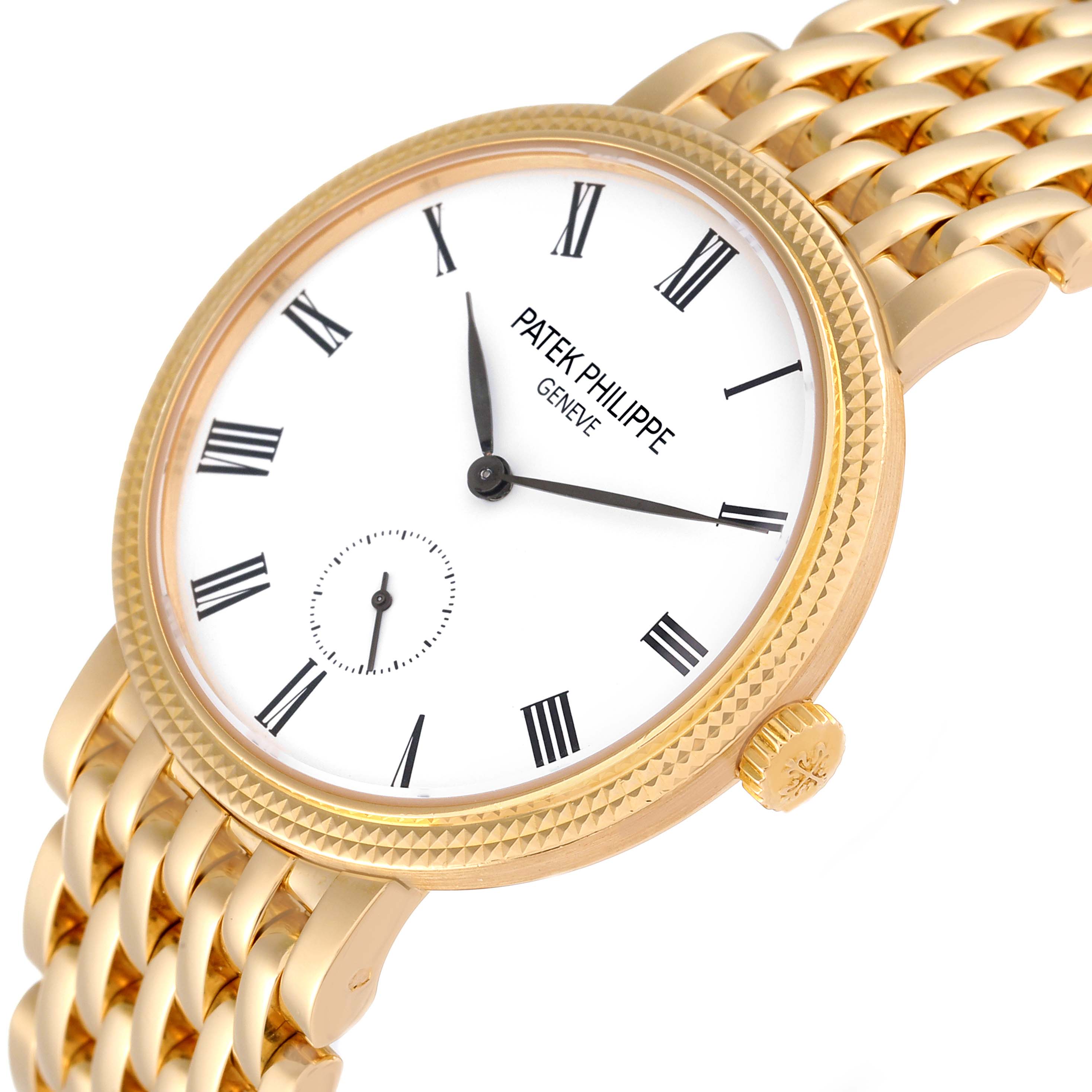This image shows a Patek Philippe Calatrava 7119J Women's Yellow Gold White Dial 7119J Women's Yellow Gold White Dial watch at a slight angle, focusing on the face, crown, and bracelet.