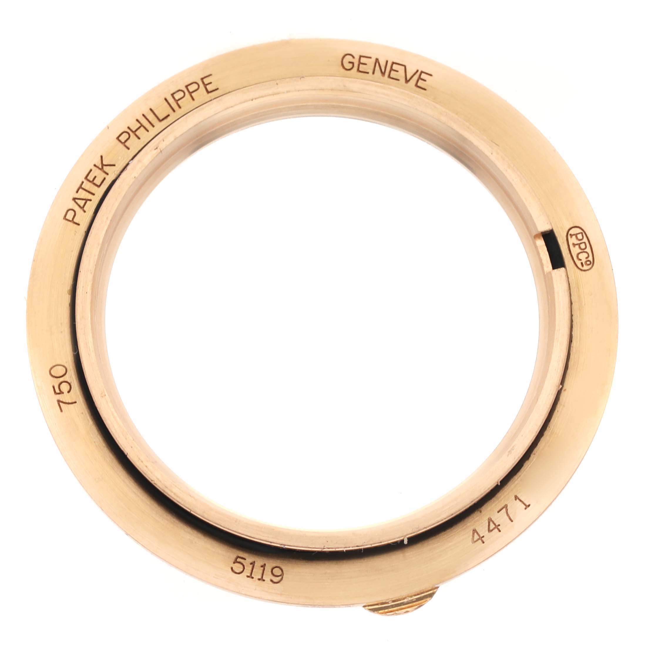 This image shows the bezel of a Patek Philippe Calatrava 5119R Men's Rose Gold White Dial 5119R Men's Rose Gold White Dial 5119 watch, viewed from above.