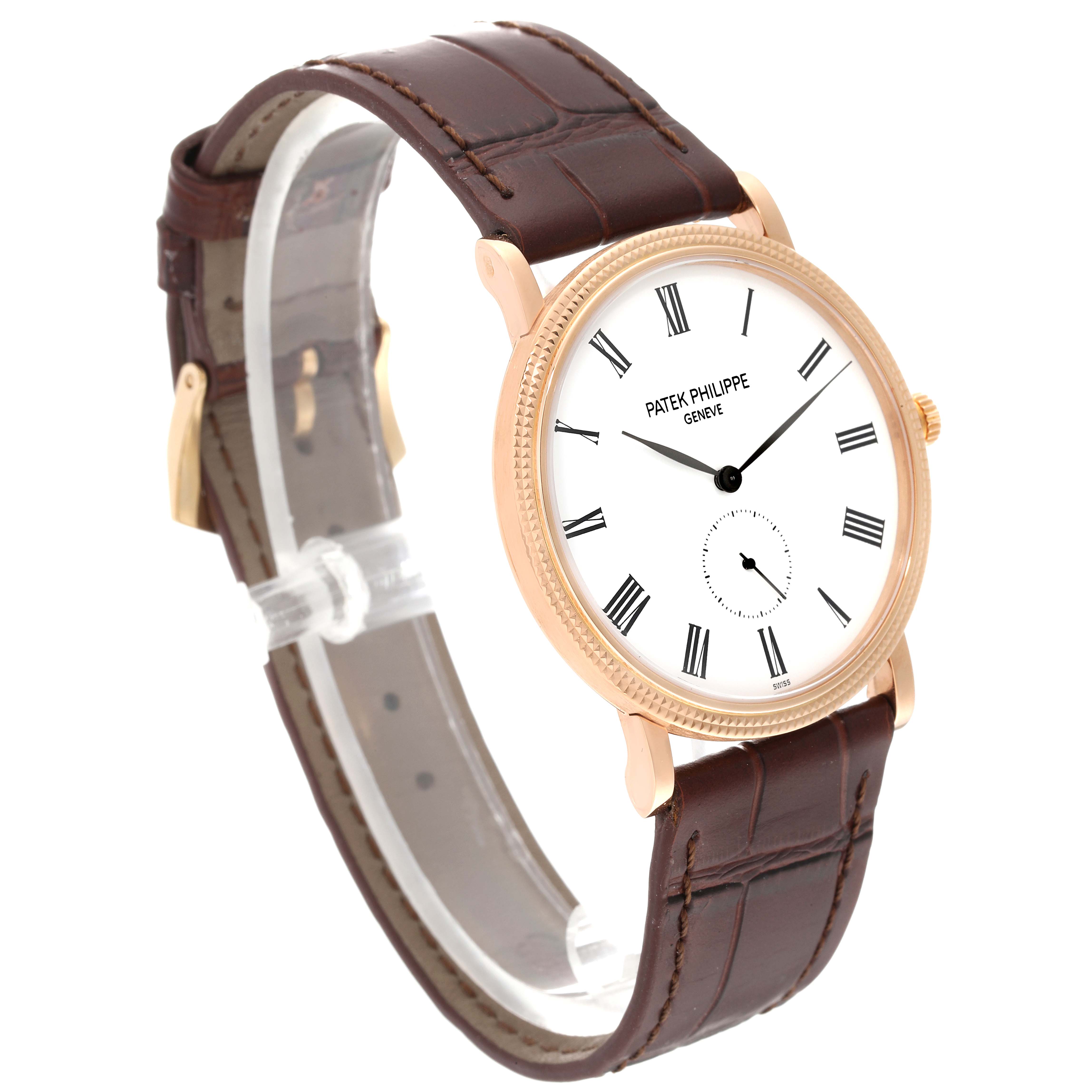 The Patek Philippe Calatrava 5119R Men's Rose Gold White Dial 5119R Men's Rose Gold White Dial watch is shown at a three-quarter angle displaying its face, bezel, and leather strap.
