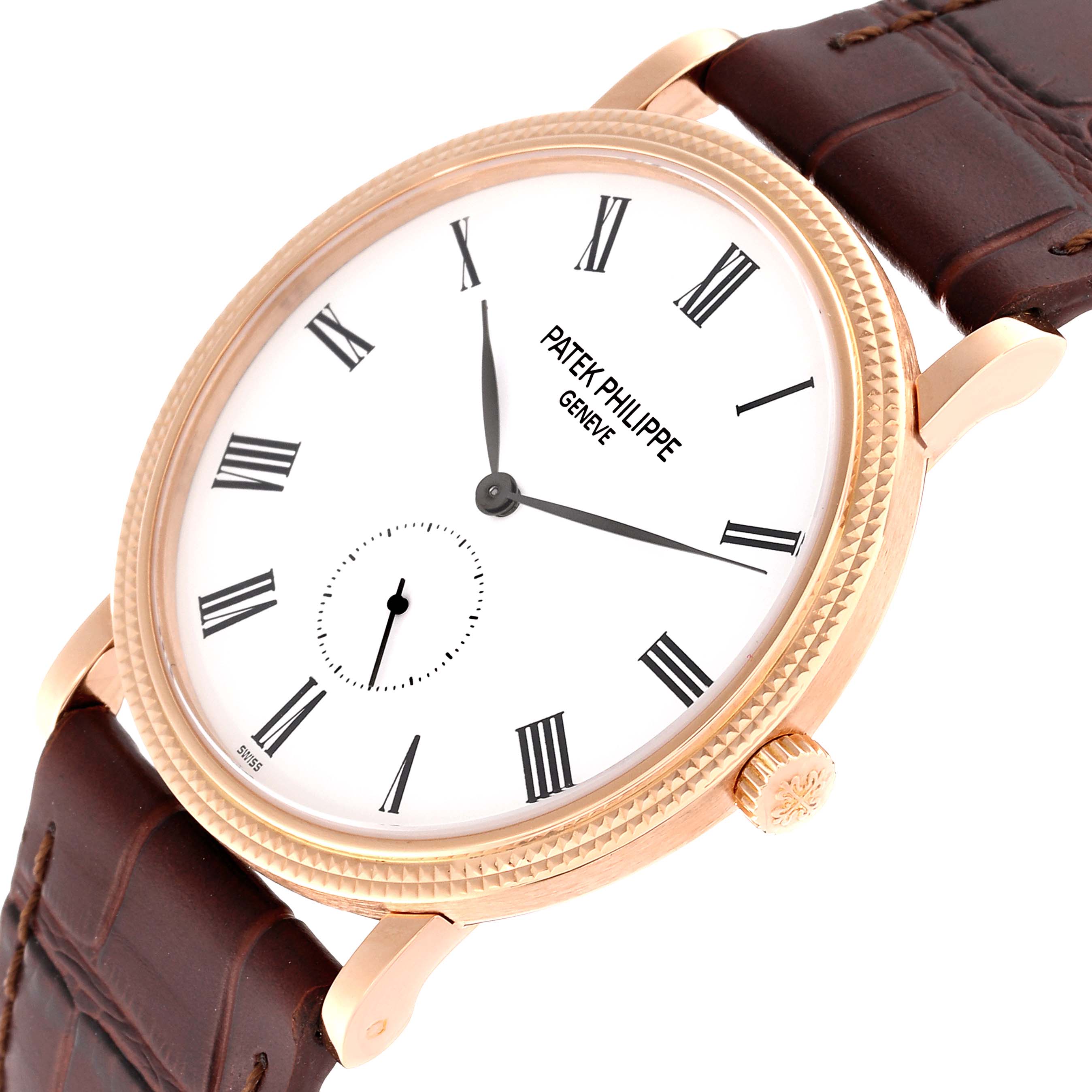 The image shows a close-up angled view of the Patek Philippe Calatrava 5119R Men's Rose Gold White Dial 5119R Men's Rose Gold White Dial watch, highlighting its dial, crown, and strap.