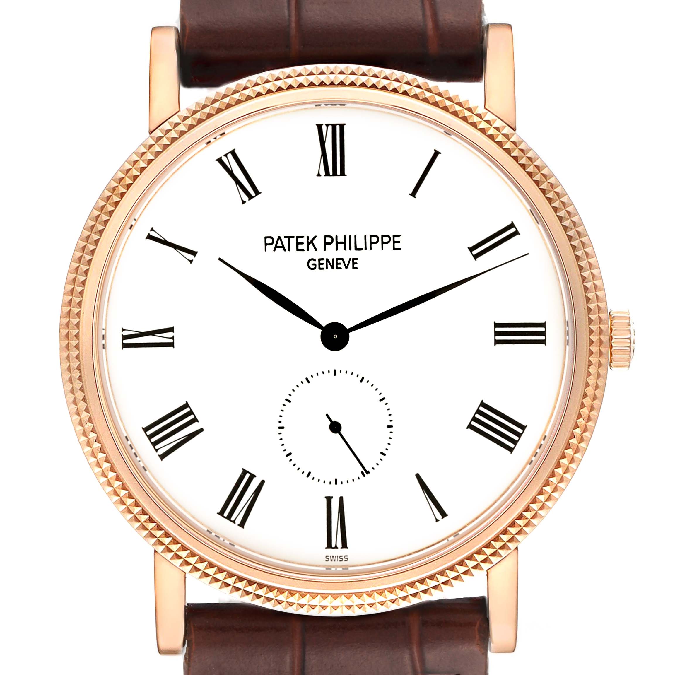 This image shows a frontal view of the Patek Philippe Calatrava 5119R Men's Rose Gold White Dial 5119R Men's Rose Gold White Dial watch, highlighting its dial, Roman numerals, hands, and bezel.
