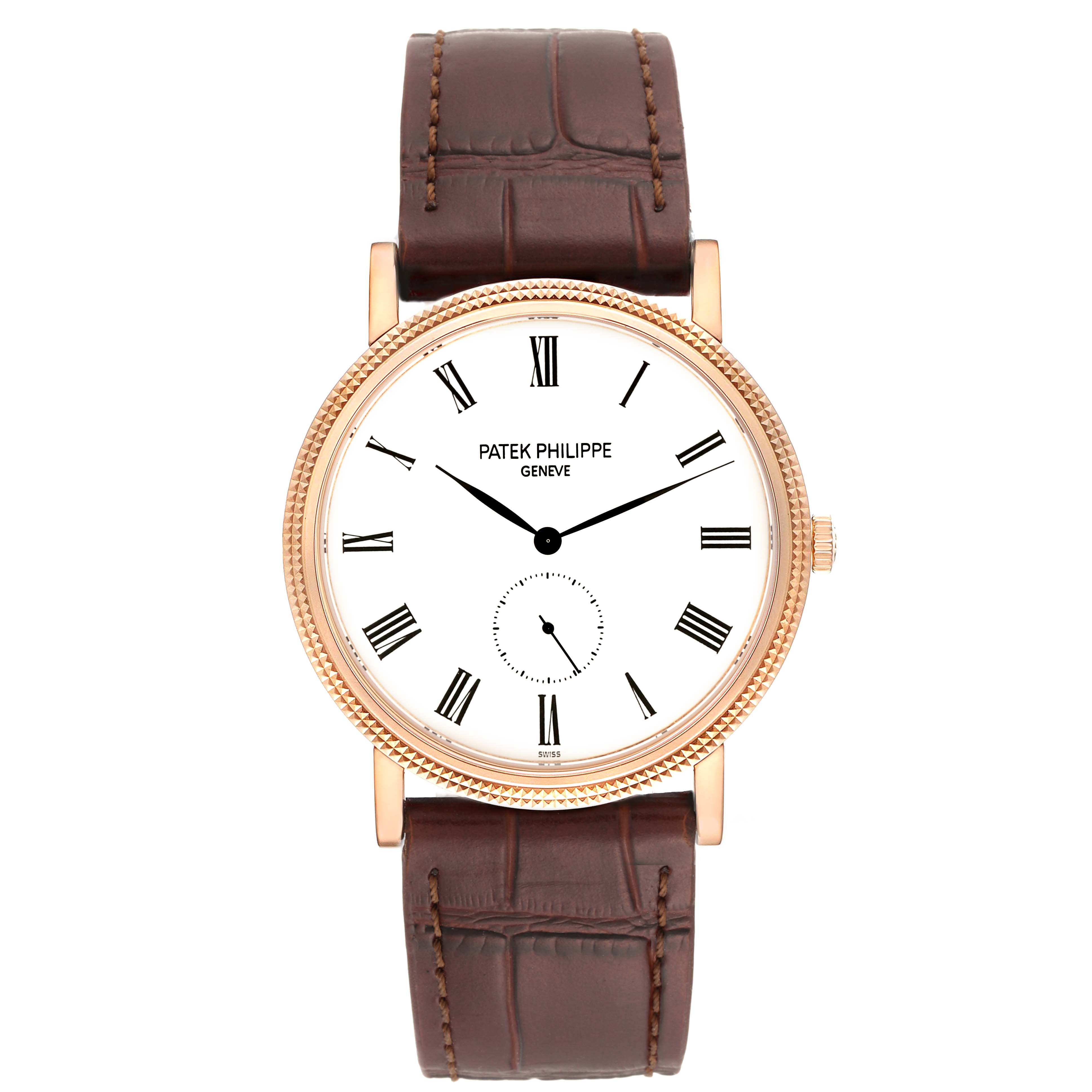 The image shows a Patek Philippe Calatrava 5119R Men's Rose Gold White Dial 5119R Men's Rose Gold White Dial watch from a top-down angle, showcasing the dial, bezel, and brown leather strap.