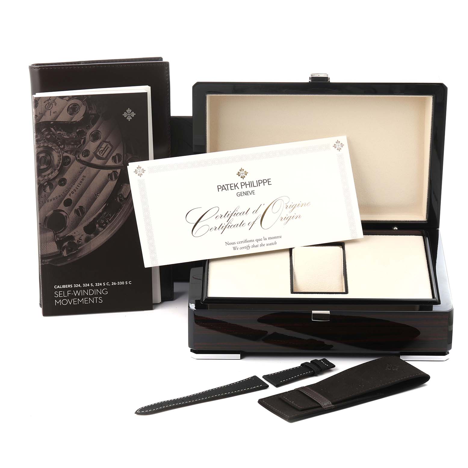 The image shows a Patek Philippe Calatrava 5226G-001 Men
s White Gold Grey Dial 5226G-001 Men
s White Gold Grey Dial watch box, certificate, strap, and booklet from a front angle.