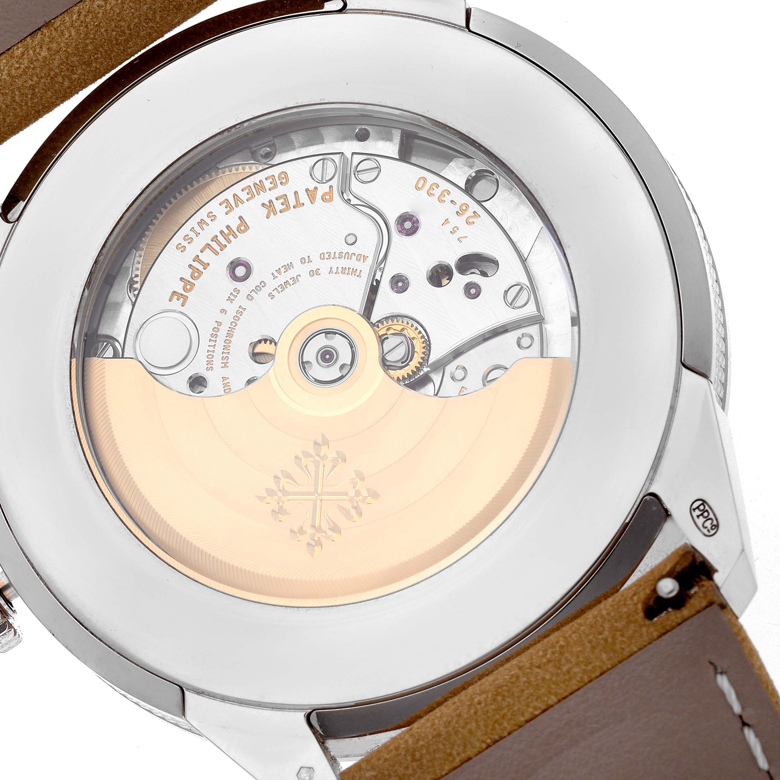 The image shows the back view of the Patek Philippe Calatrava 5226G-001 Men
s White Gold Grey Dial 5226G-001 Men
s White Gold Grey Dial, highlighting the movement and rotor through a transparent case back.