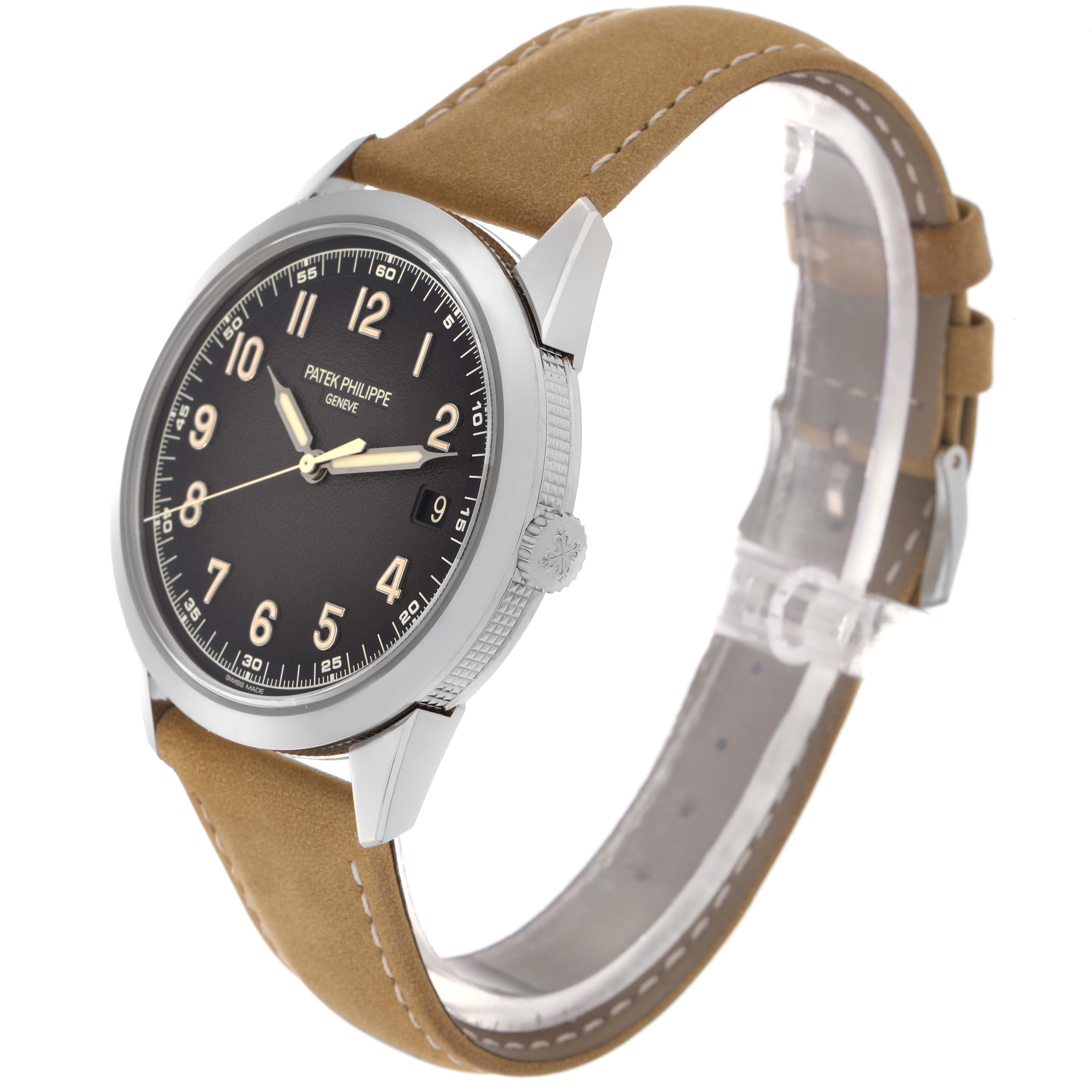 The Patek Philippe Calatrava 5226G-001 Men
s White Gold Grey Dial 5226G-001 Men
s White Gold Grey Dial watch is shown at a side angle, highlighting the dial, case, crown, and leather strap.