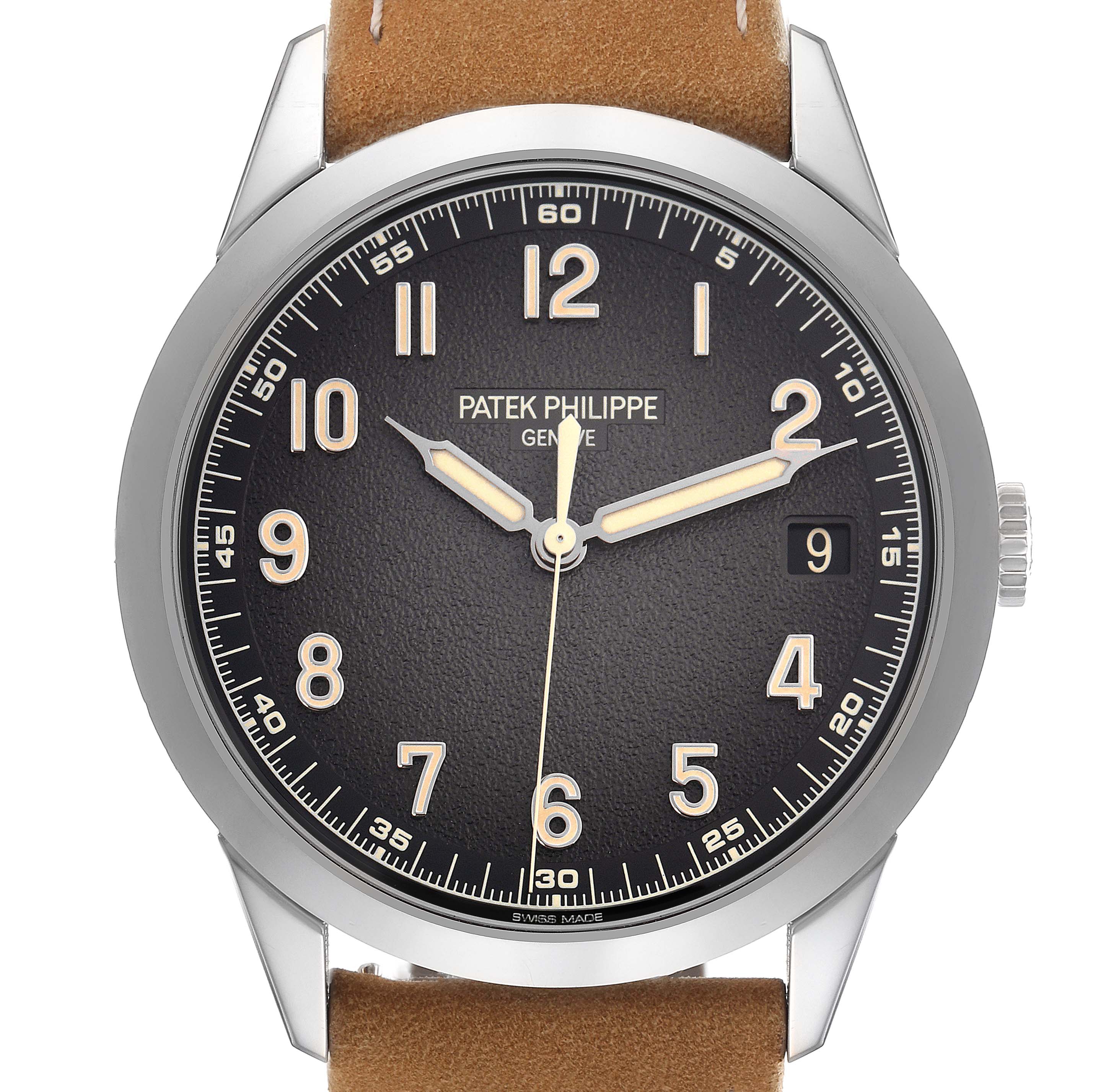 This Patek Philippe Calatrava 5226G-001 Men
s White Gold Grey Dial 5226G-001 Men
s White Gold Grey Dial watch is shown from a front view, displaying the dial, hands, numerals, and date window.