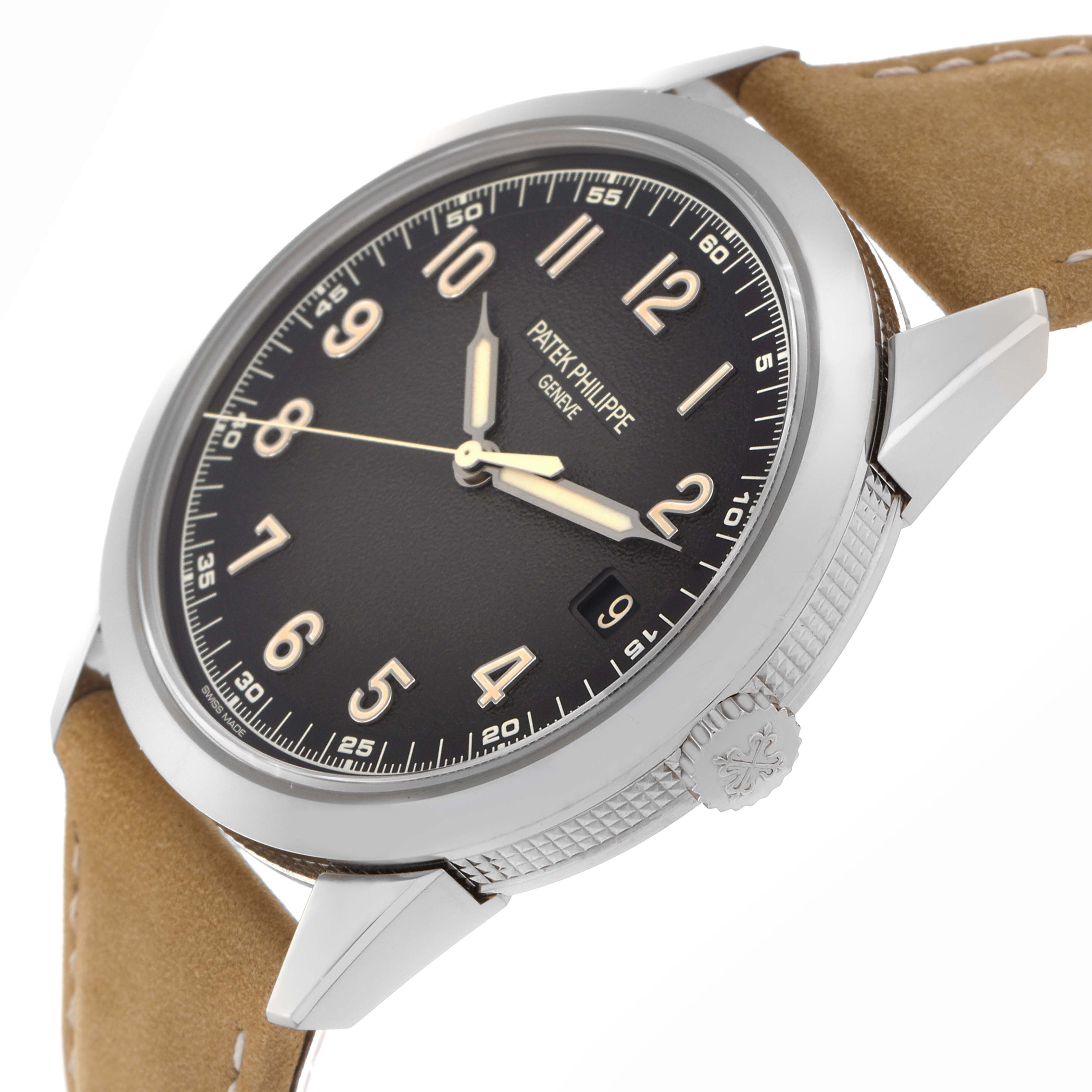 The Patek Philippe Calatrava 5226G-001 Men
s White Gold Grey Dial 5226G-001 Men
s White Gold Grey Dial watch is shown at an angled side view, displaying the dial, crown, and leather strap.