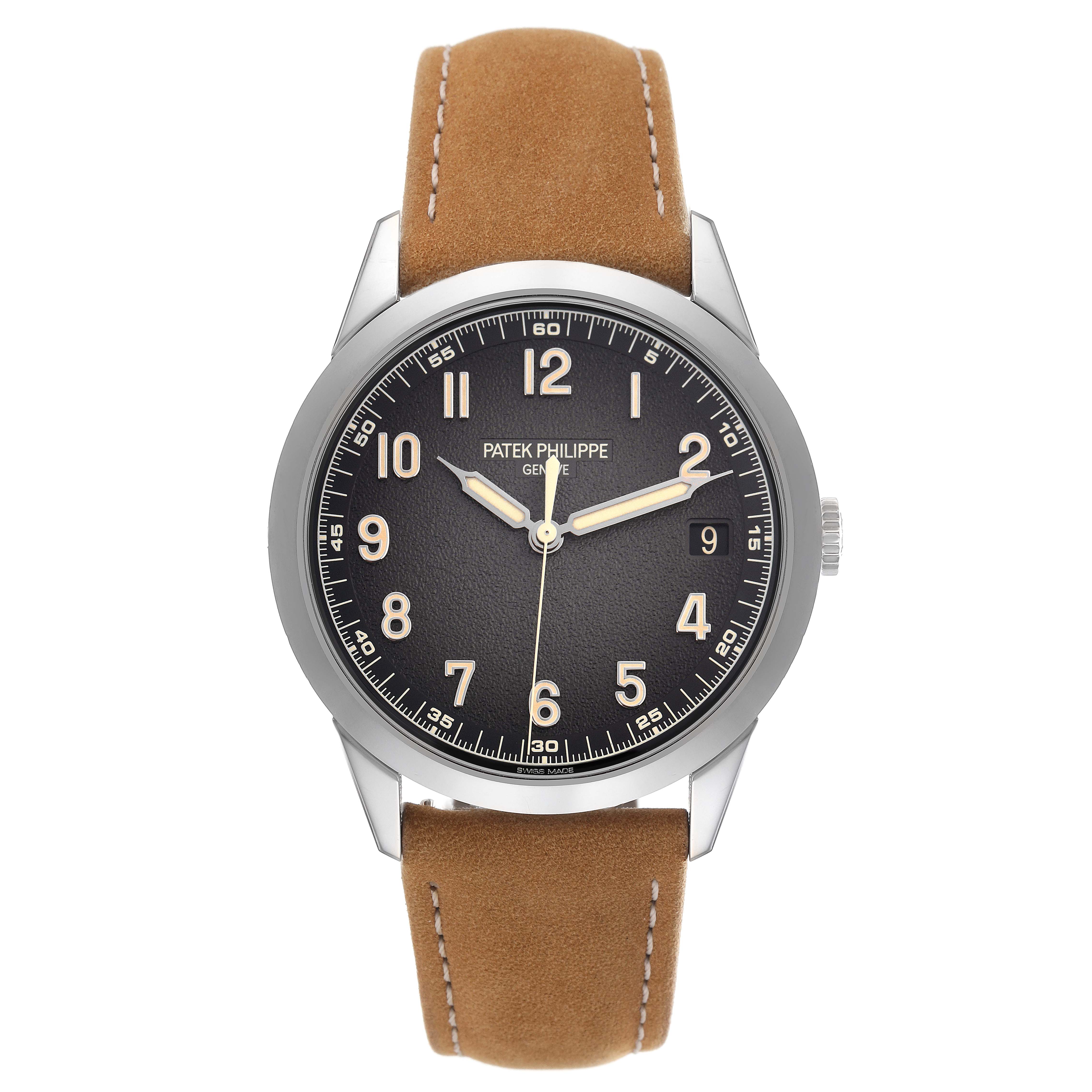 The image shows a front view of a Patek Philippe Calatrava 5226G-001 Men
s White Gold Grey Dial 5226G-001 Men
s White Gold Grey Dial watch, highlighting the face, hands, and leather strap.