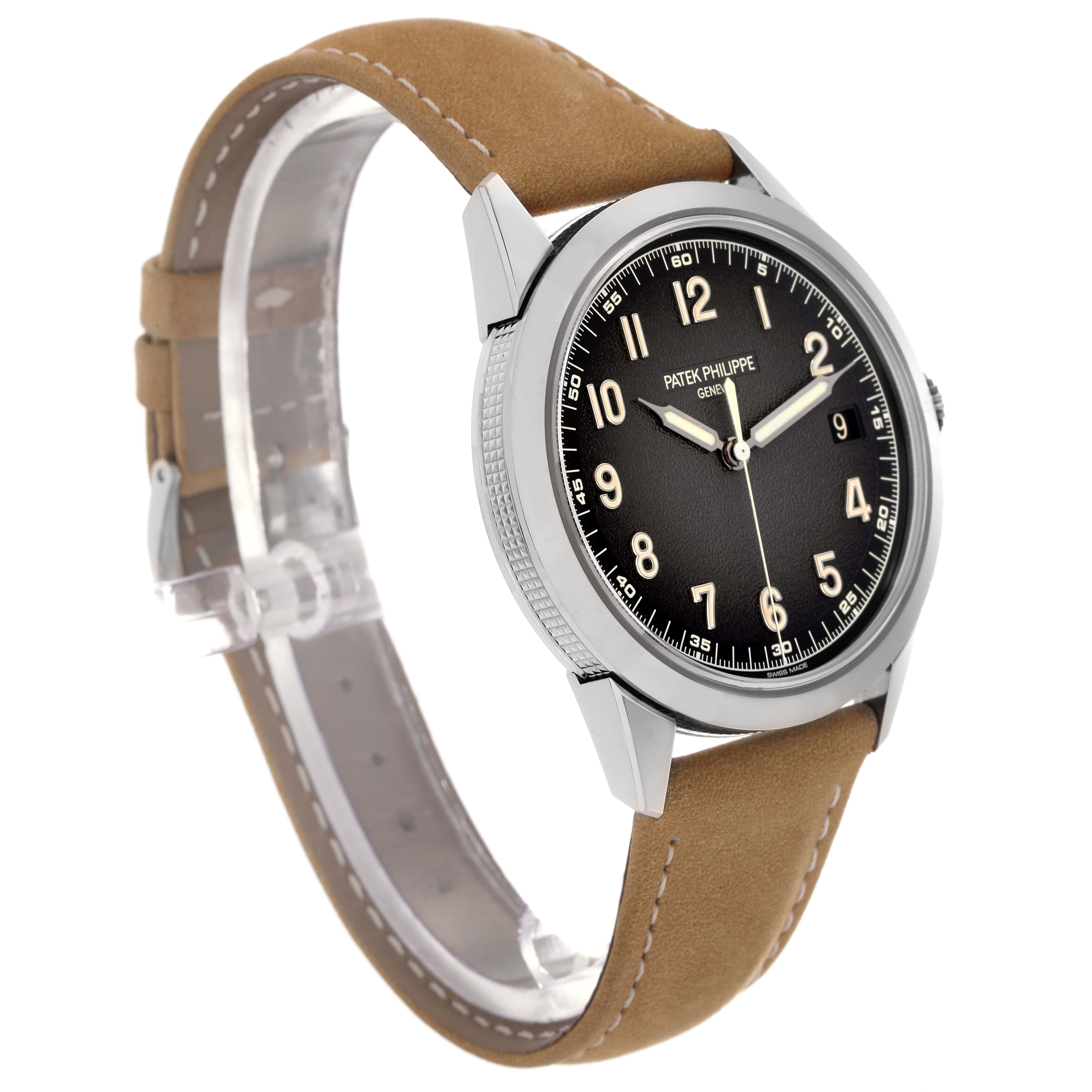 The Patek Philippe Calatrava 5226G-001 Men
s White Gold Grey Dial 5226G-001 Men
s White Gold Grey Dial watch is shown at a slight angle, highlighting the dial, case, crown, and leather strap.