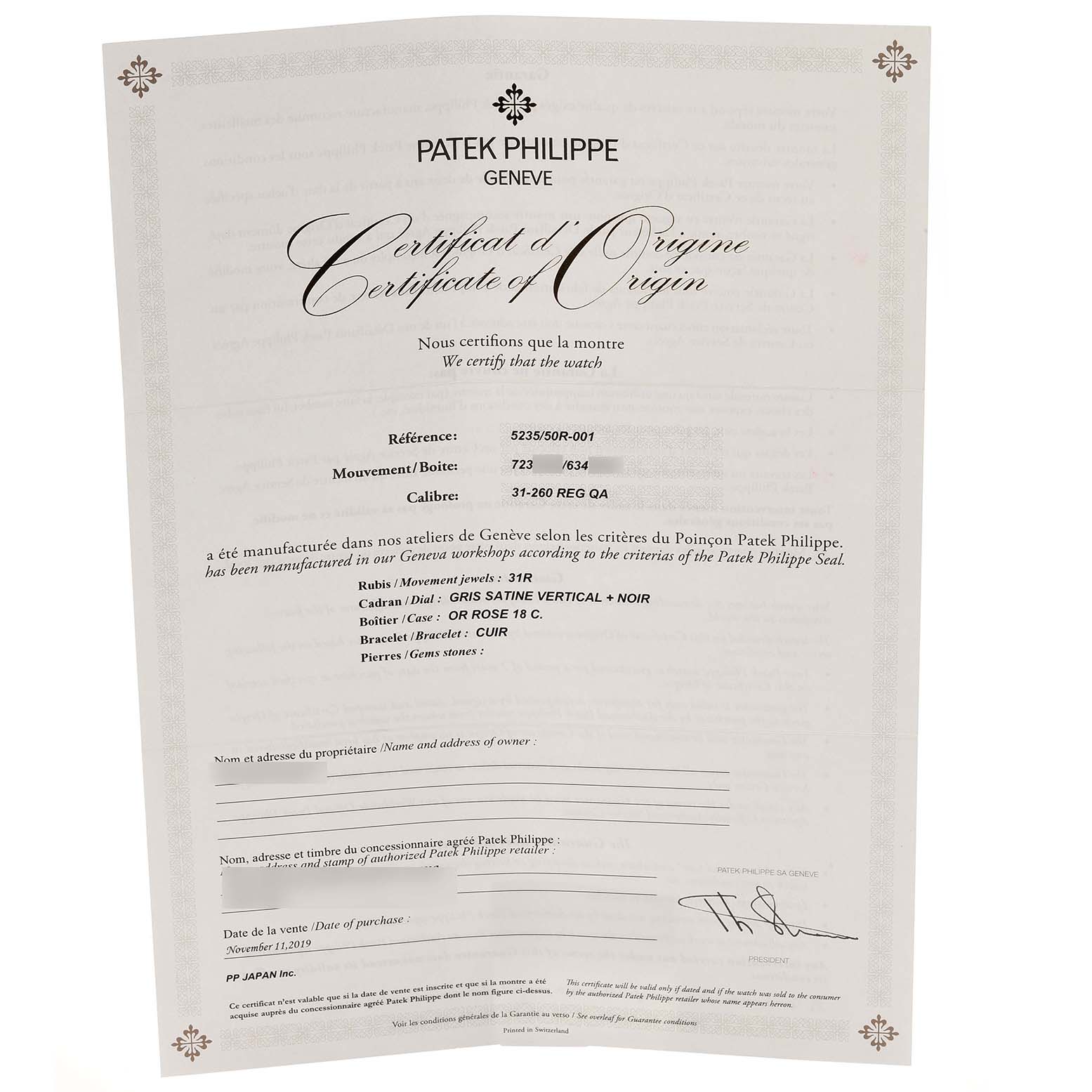 The image shows the Certificate of Origin for a Patek Philippe Complications 5235/50R-001 Men
s Rose Gold Black Dial 5235/50R-001 Men
s Rose Gold Black Dial model, detailing specifications like reference and caliber.