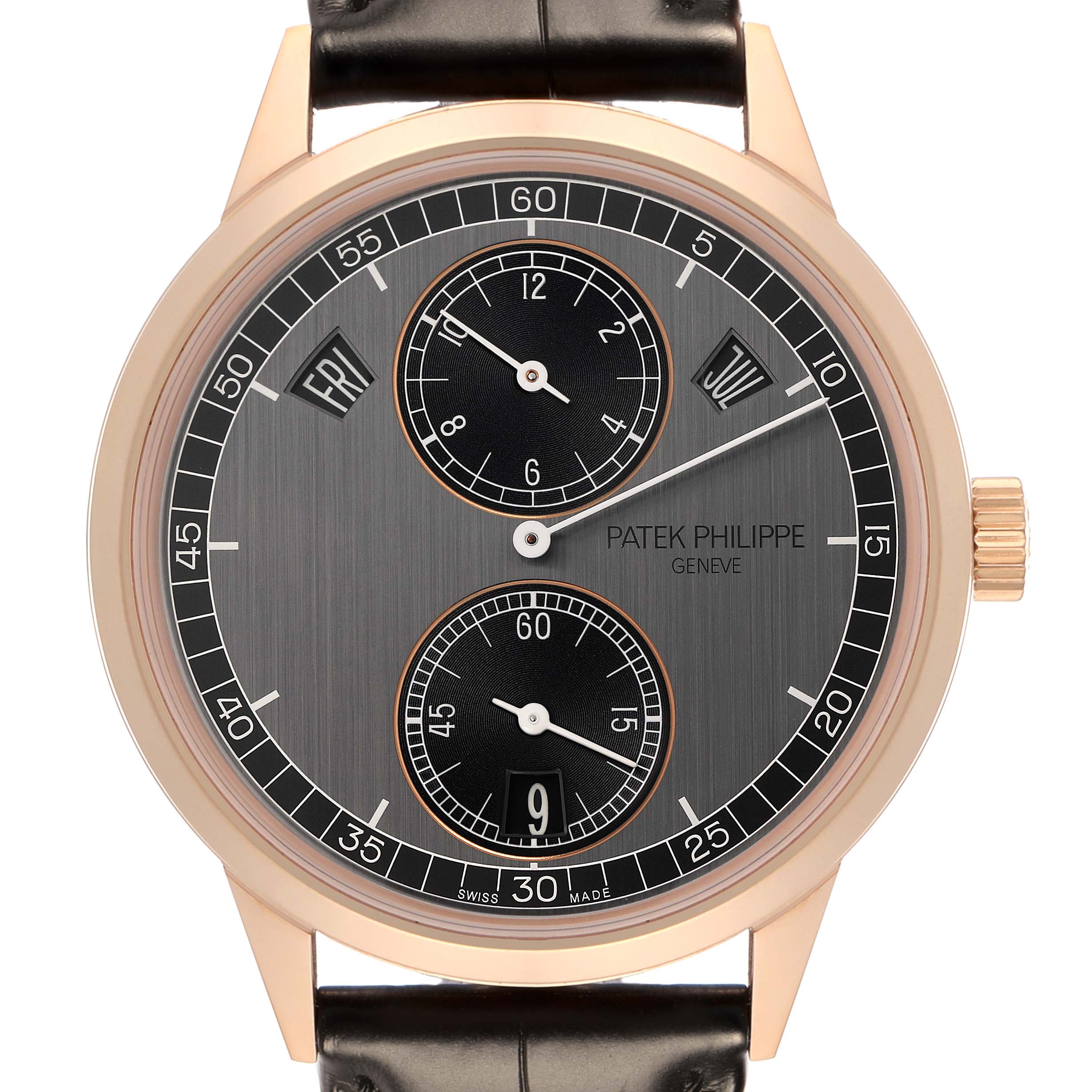 The Patek Philippe Complications 5235/50R-001 Men
s Rose Gold Black Dial 5235/50R-001 Men
s Rose Gold Black Dial watch is shown from the front, displaying the dial, subdials, and crown.