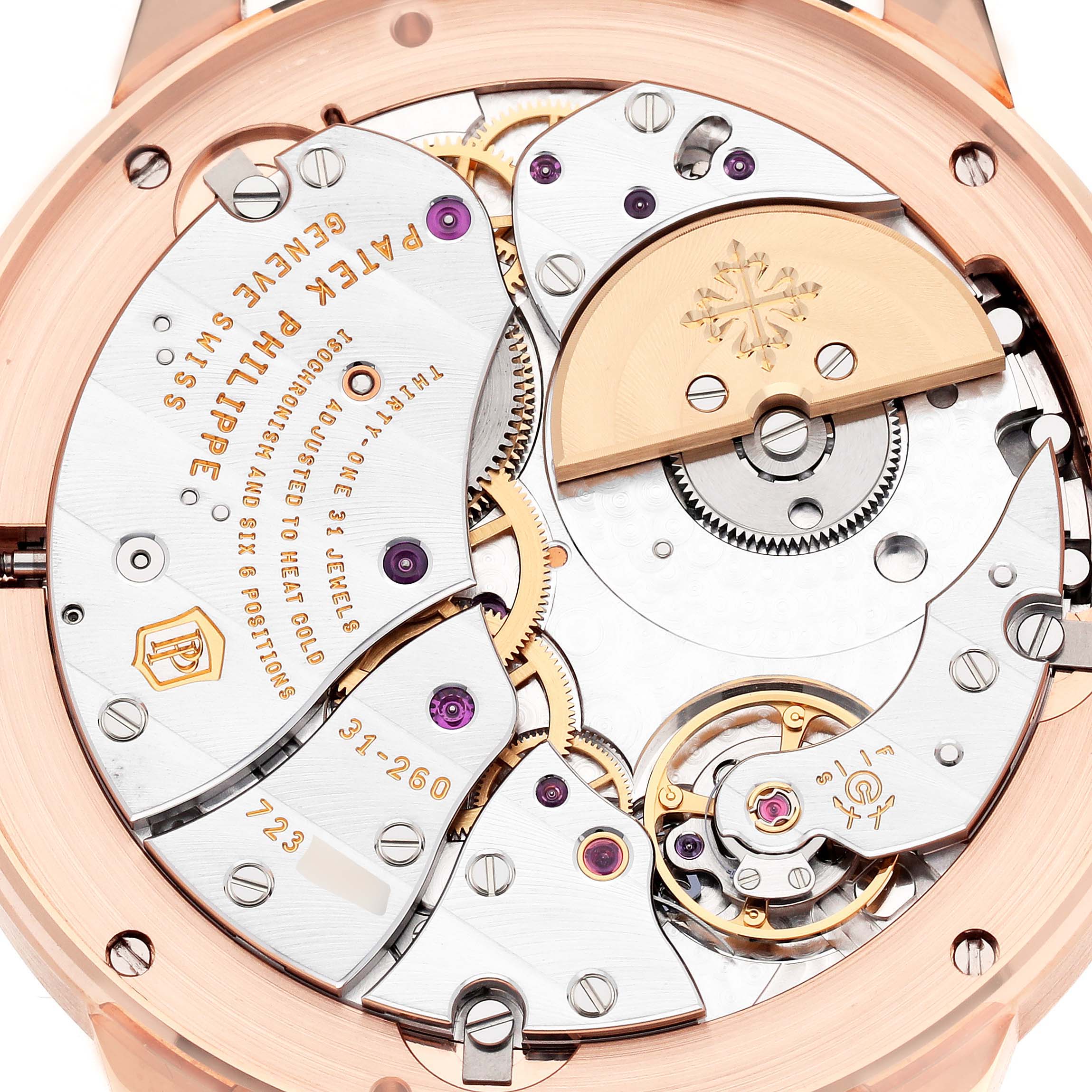 The image shows the back view of a Patek Philippe Complications 5235/50R-001 Men
s Rose Gold Black Dial 5235/50R-001 Men
s Rose Gold Black Dial watch, highlighting its intricate mechanical movement.