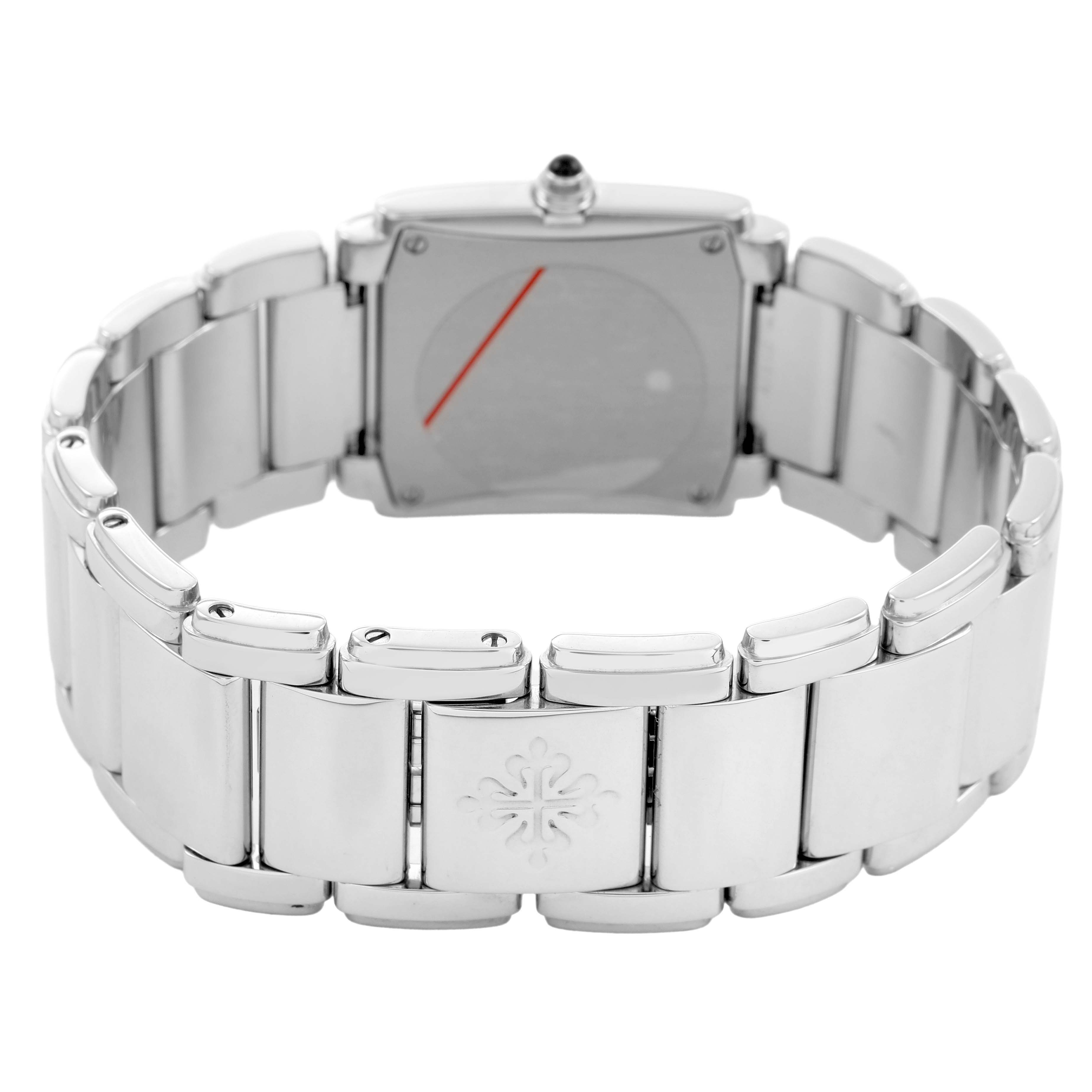The image shows the back of a Patek Philippe Twenty-4 4910/10A-011 Women's Stainless Steel Silver Dial watch, highlighting the clasp and bracelet details.