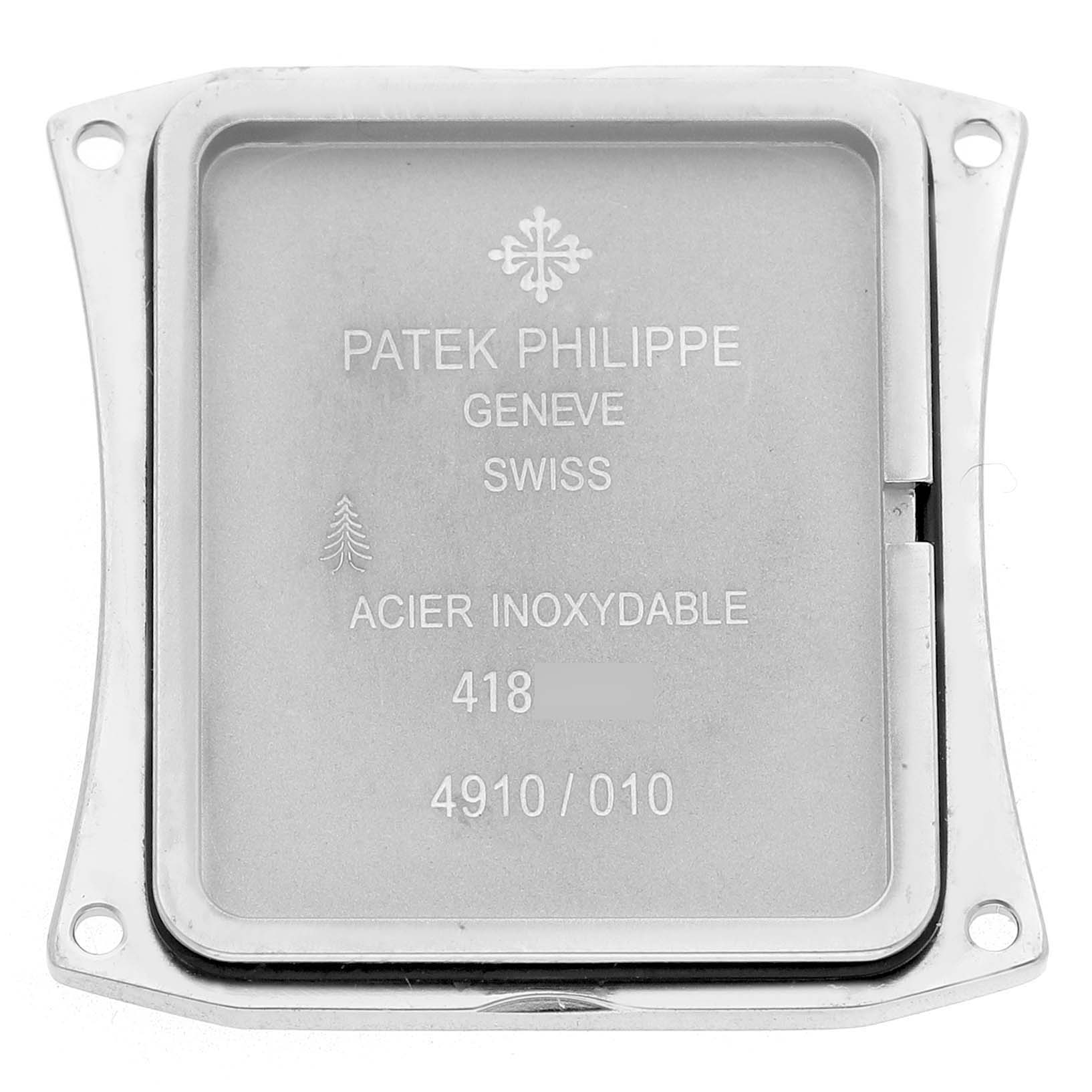 The image shows the back cover of a Patek Philippe Twenty-4 4910/10A-011 Women's Stainless Steel Silver Dial watch from a straight-on angle.