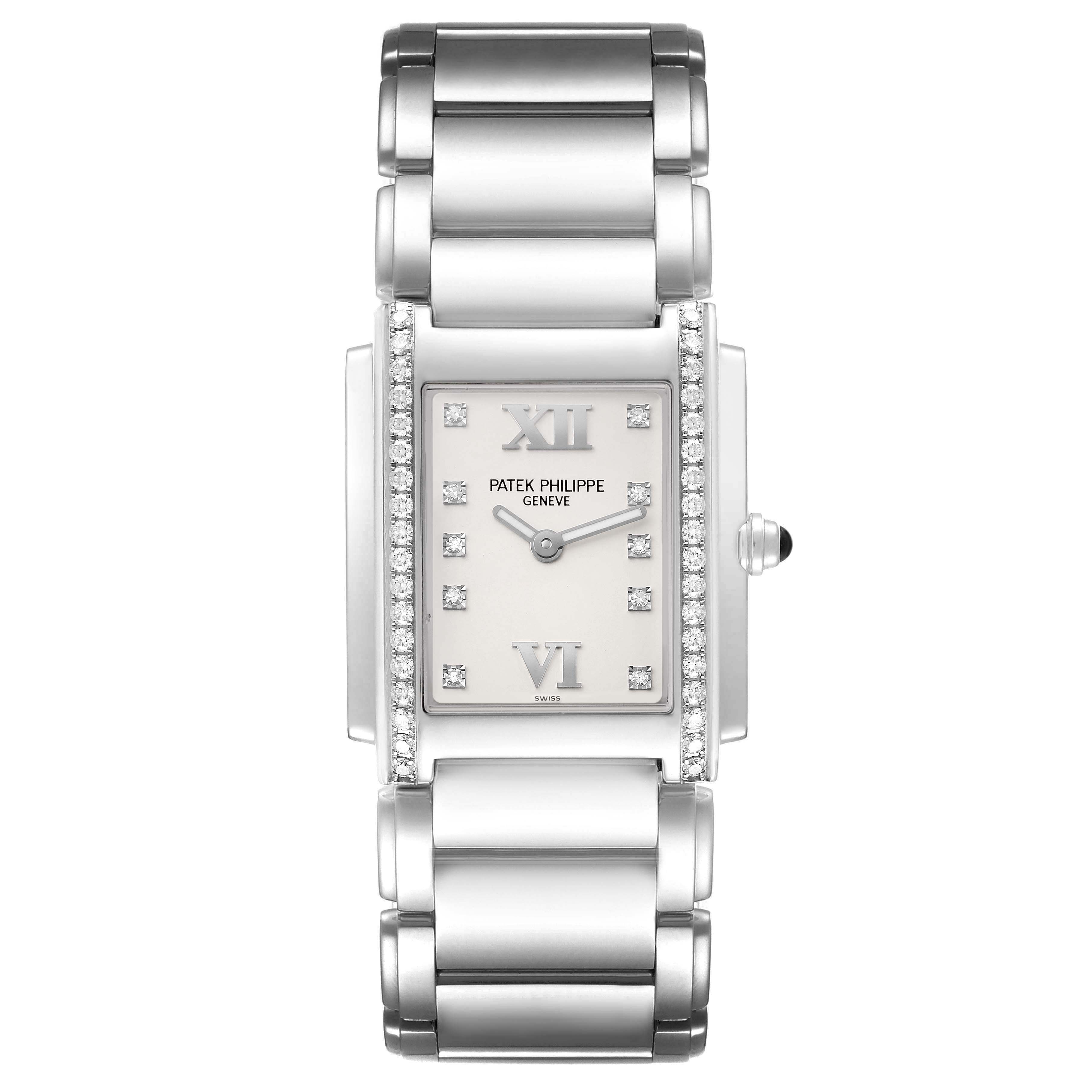 The Patek Philippe Twenty-4 4910/10A-011 Women's Stainless Steel Silver Dial watch is shown from the front, displaying the dial, bracelet, and diamond accents.
