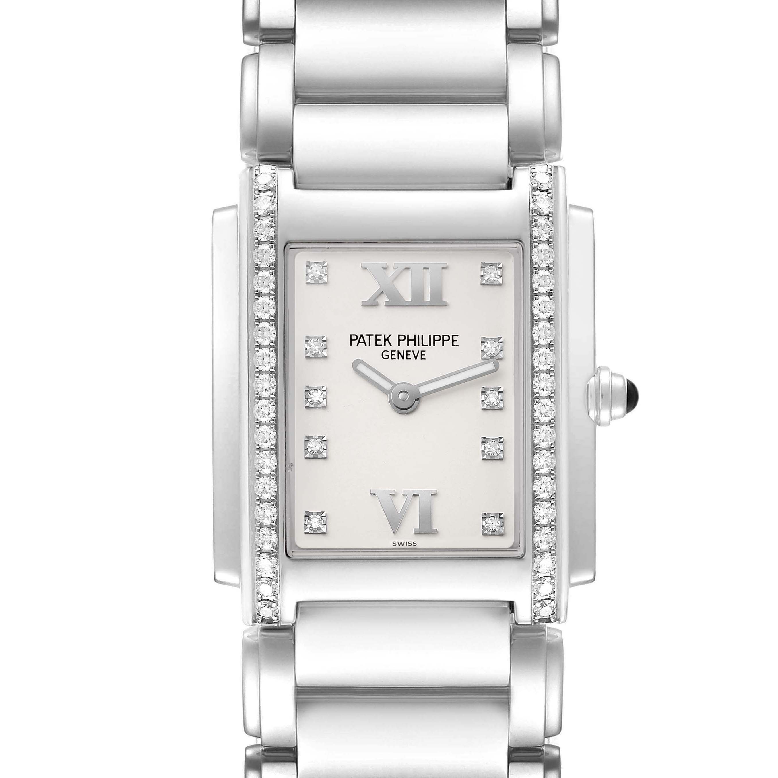 The image shows a front view of the Patek Philippe Twenty-4 4910/10A-011 Women's Stainless Steel Silver Dial watch, highlighting the dial, case, and part of the bracelet.