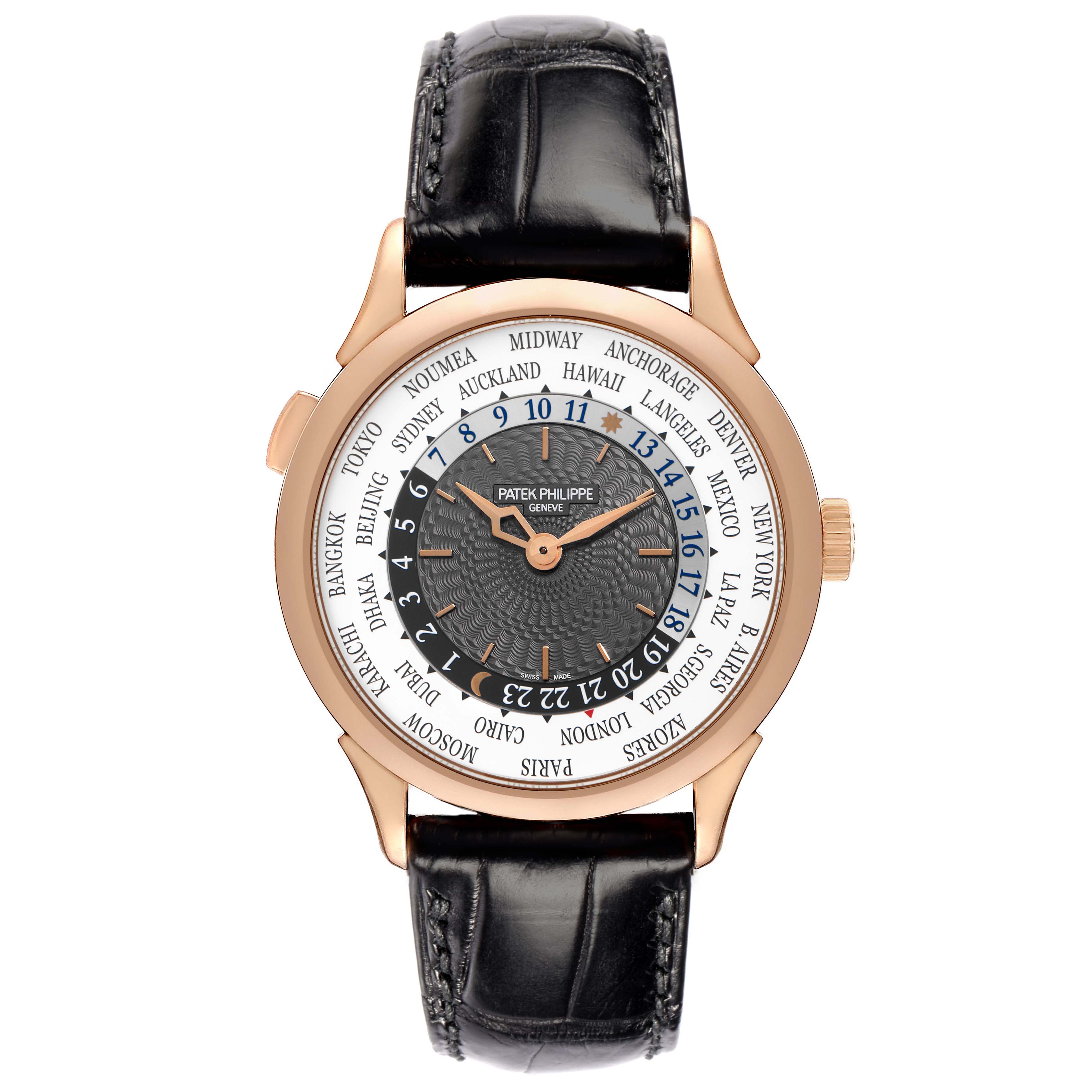 The Patek Philippe Complications 5230R-001 Men
s Rose Gold Grey Dial 5230R-001 Men
s Rose Gold Grey Dial watch is shown from a top-down angle, highlighting the dial, case, and black leather strap.