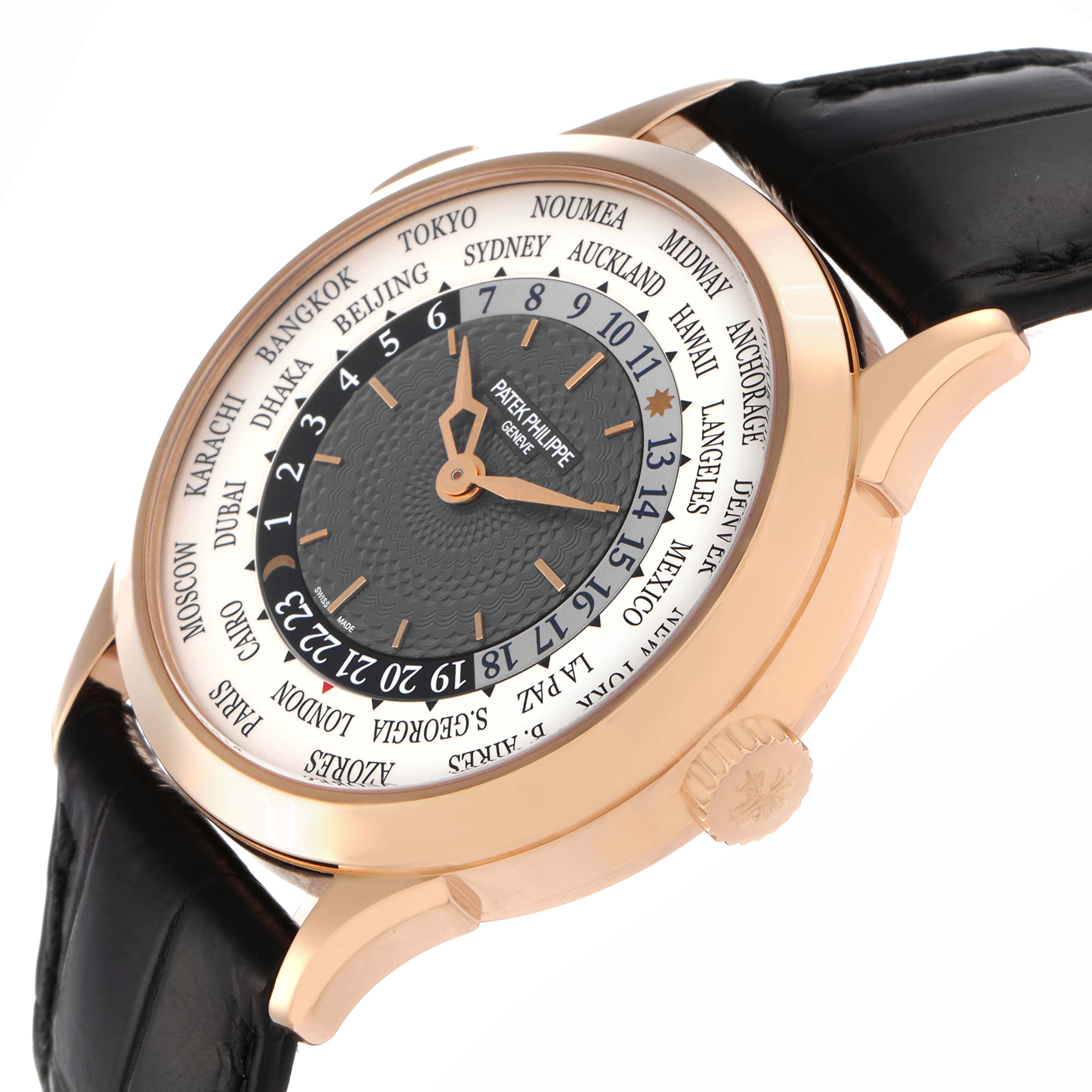 The Patek Philippe Complications 5230R-001 Men
s Rose Gold Grey Dial 5230R-001 Men
s Rose Gold Grey Dial watch is shown at an angle highlighting the bezel, crown, and part of the leather strap.