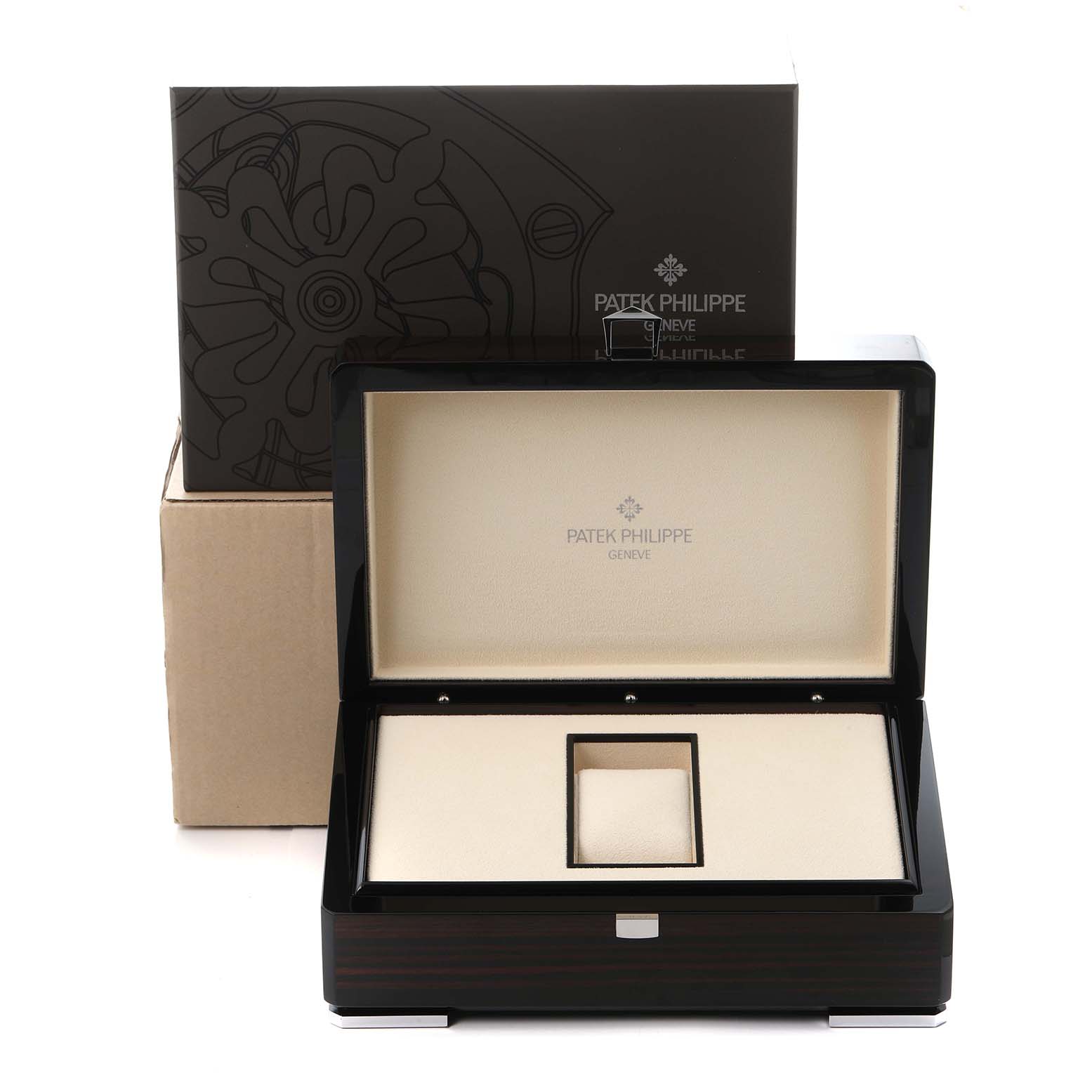 The image shows an open display box for a Patek Philippe Complications 5230R-001 Men
s Rose Gold Grey Dial 5230R-001 Men
s Rose Gold Grey Dial watch with logo and interior compartments.