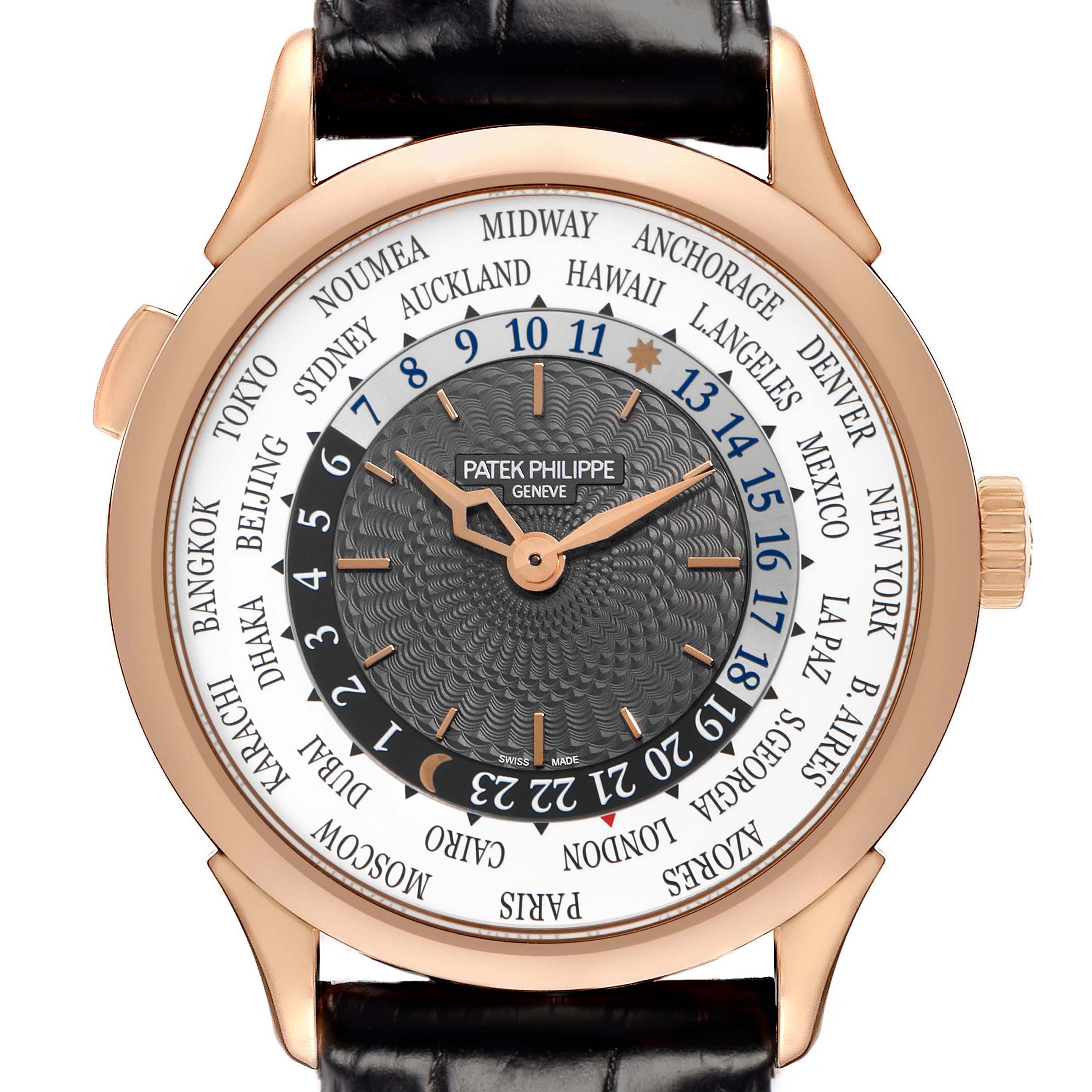 The Patek Philippe Complications 5230R-001 Men
s Rose Gold Grey Dial 5230R-001 Men
s Rose Gold Grey Dial watch is shown from a front angle, highlighting its dial, world time cities, and rose gold casing.