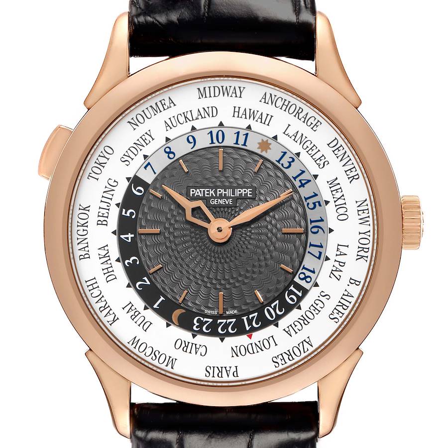 The Patek Philippe Complications watch is shown from a front angle, highlighting its dial, world time cities, and rose gold casing.