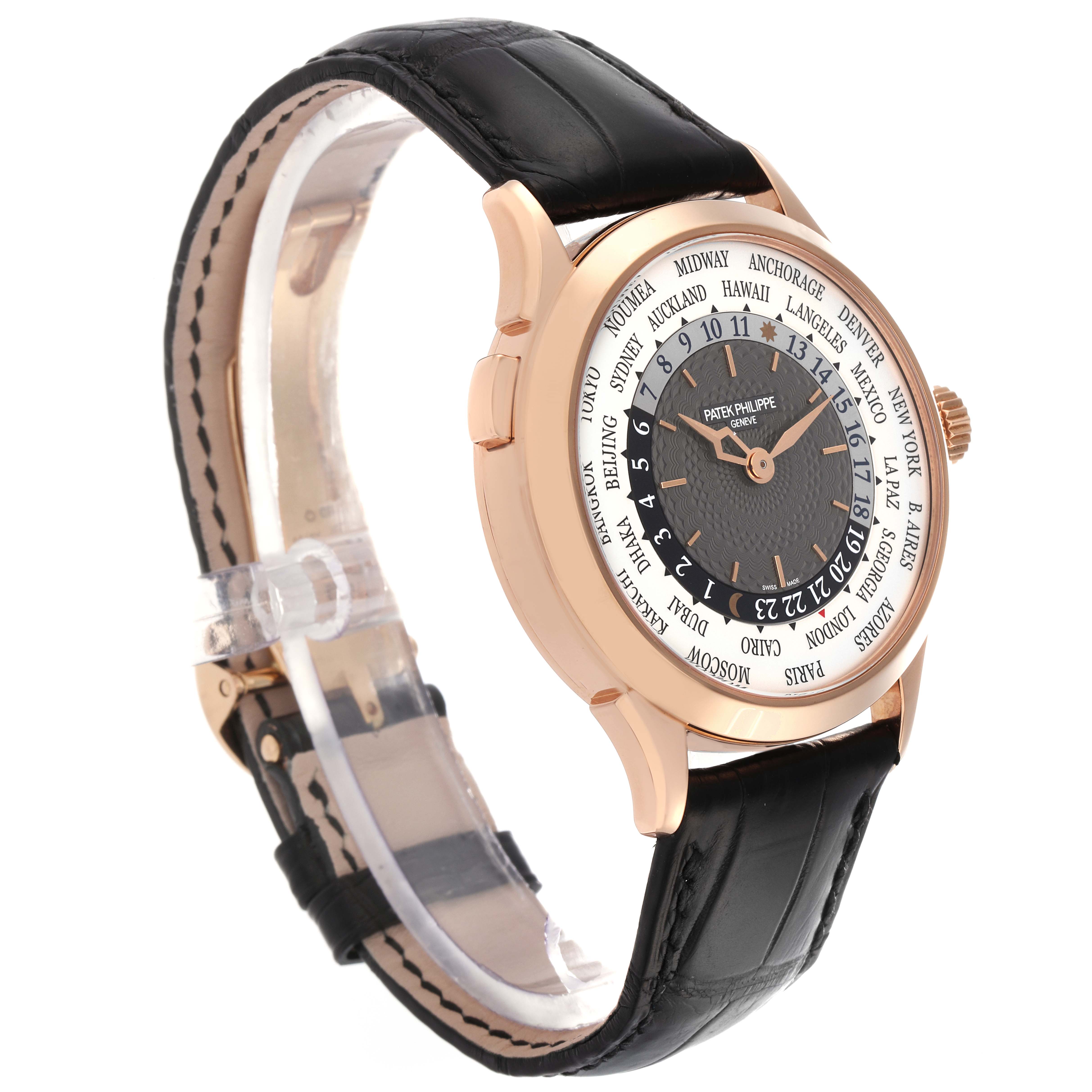 The Patek Philippe Complications 5230R-001 Men
s Rose Gold Grey Dial 5230R-001 Men
s Rose Gold Grey Dial watch is shown from a side angle displaying the face, case, and black leather strap.