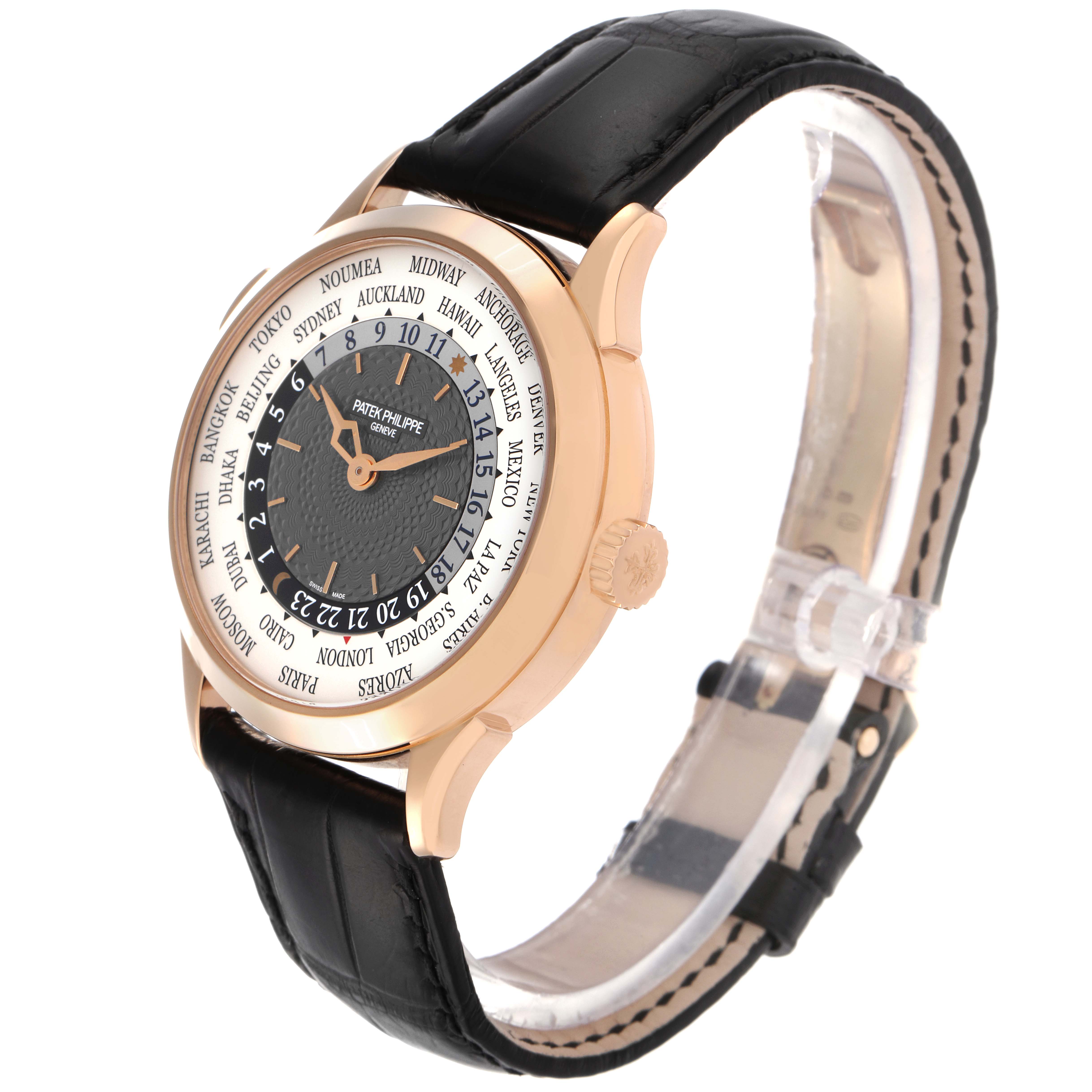 The Patek Philippe Complications 5230R-001 Men
s Rose Gold Grey Dial 5230R-001 Men
s Rose Gold Grey Dial watch is shown from a three-quarter angle, highlighting the face, bezel, crown, and leather strap.