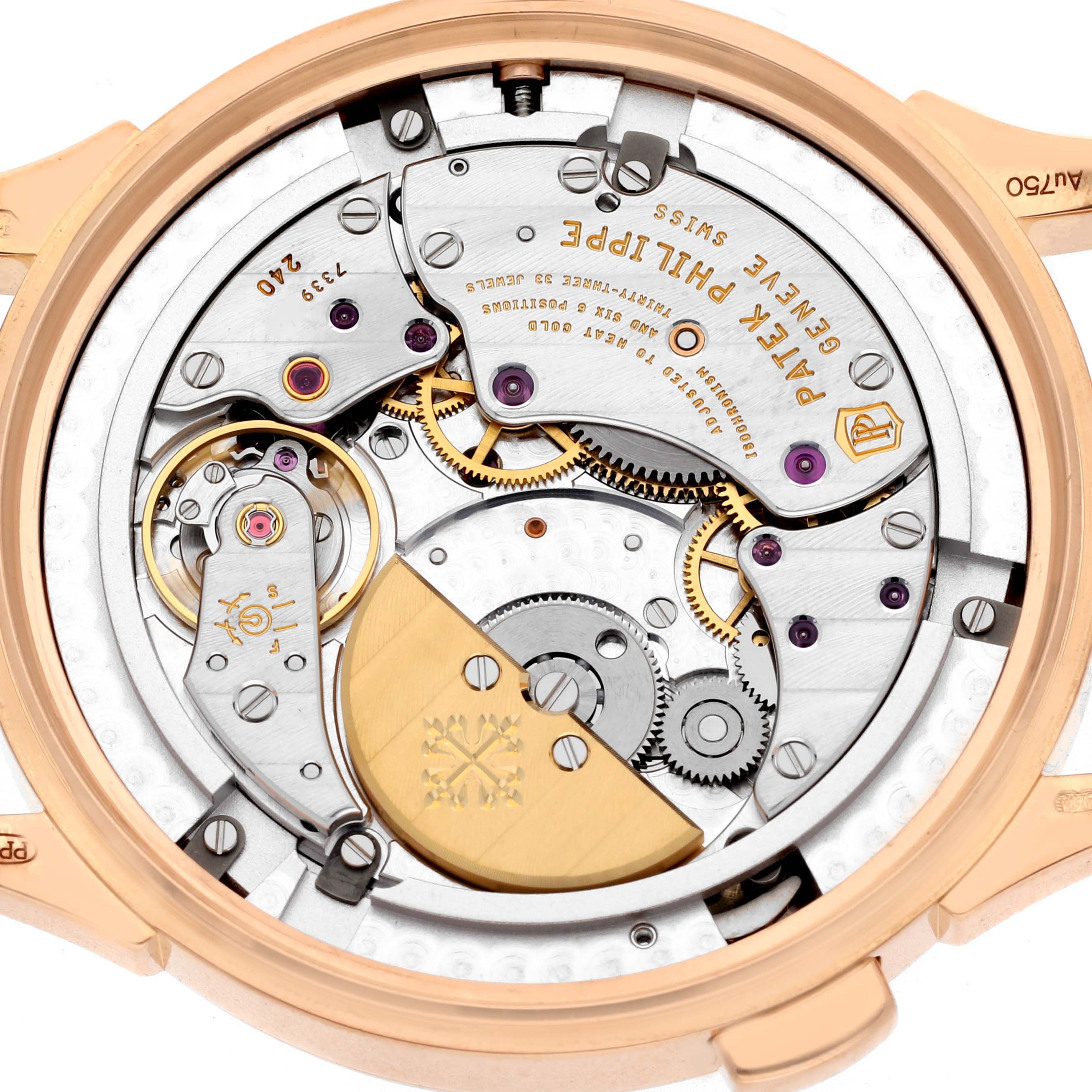 The image shows the back of a Patek Philippe Complications 5230R-001 Men
s Rose Gold Grey Dial 5230R-001 Men
s Rose Gold Grey Dial watch, highlighting the intricate movement and rotor.